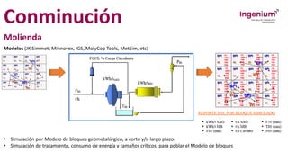 Conminución
Molienda
Modelos (JK Simmet; Minnovex, IGS, MolyCop Tools, MetSim, etc)
• Simulación por Modelo de bloques geometalúrgico, a corto y/o largo plazo.
• Simulación de tratamiento, consumo de energía y tamaños críticos, para poblar el Modelo de bloques
 