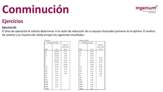 Conminución
Ejercicios
Ejercicio 01
El área de operación le solicita determinar si la razón de reducción de su equipo chancador primario es la óptima. El análisis
de escáner y la muestra de salida arrojan los siguientes resultados:
 