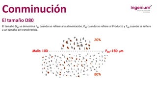 Conminución
El tamaño D80
El tamaño D80 se denomina F80 cuando se refiere a la alimentación, P80 cuando se refiere al Producto y T80 cuando se refiere
a un tamaño de transferencia.
 