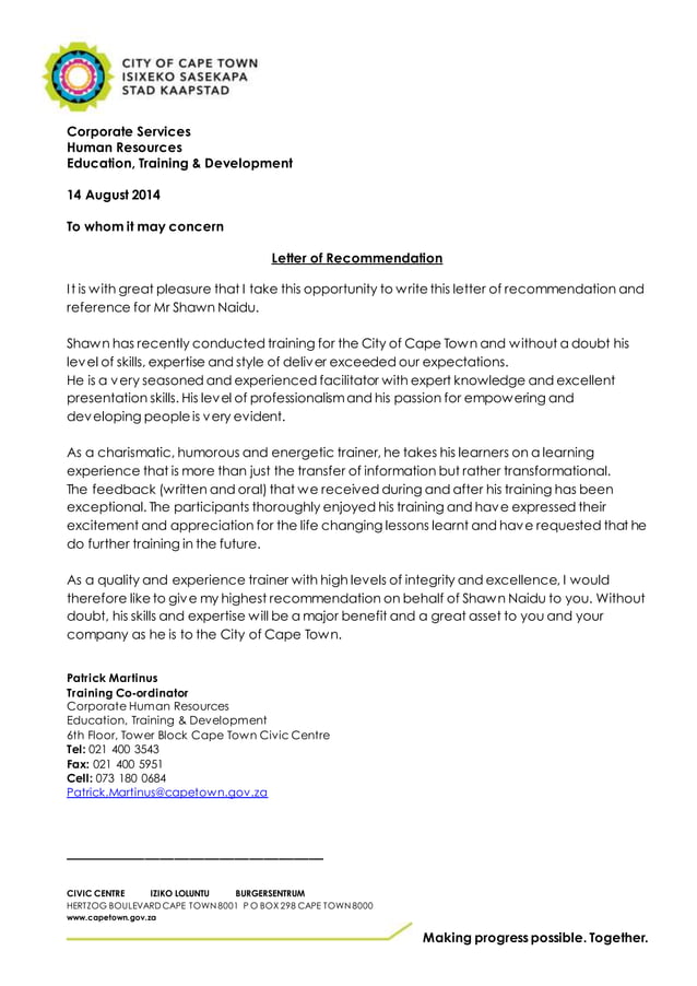 City of cape town reference letter