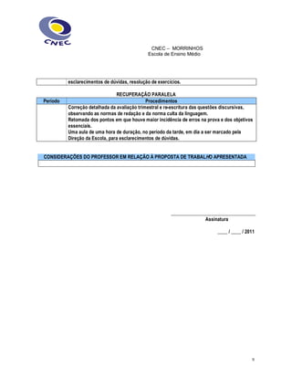 CNEC ± MORRINHOS
Escola de Ensino Médio
9
esclarecimentos de dúvidas, resolução de exercícios.
RECUPERAÇÃO PARALELA
Período Procedimentos
Correção detalhada da avaliação trimestral e re-escritura das questões discursivas,
observando as normas de redação e da norma culta da linguagem.
Retomada dos pontos em que houve maior incidência de erros na prova e dos objetivos
essenciais.
Uma aula de uma hora de duração, no período da tarde, em dia a ser marcado pela
Direção da Escola, para esclarecimentos de dúvidas.
CONSIDERAÇÕES DO PROFESSOR EM RELAÇÃO À PROPOSTA DE TRABALHO APRESENTADA
__________________________________
Assinatura
____ / ____ / 2011
 