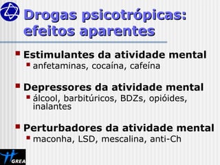 Drogas psicotrópicas:
Drogas psicotrópicas:
efeitos aparentes
efeitos aparentes
 Estimulantes da atividade mental
 anfetaminas, cocaína, cafeína
 Depressores da atividade mental
 álcool, barbitúricos, BDZs, opióides,
inalantes
 Perturbadores da atividade mental
 maconha, LSD, mescalina, anti-Ch
 