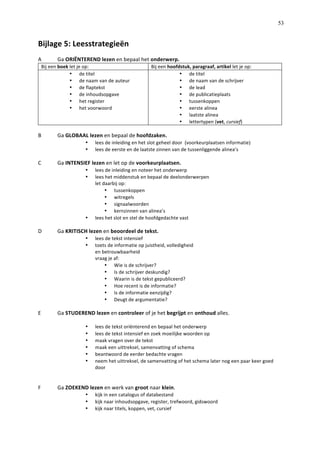   53
Bijlage	
  5:	
  Leesstrategieën	
  	
  
A	
   Ga	
  ORIËNTEREND	
  lezen	
  en	
  bepaal	
  het	
  onderwerp.	
  
	
  
B	
   Ga	
  GLOBAAL	
  lezen	
  en	
  bepaal	
  de	
  hoofdzaken.	
  
•   lees	
  de	
  inleiding	
  en	
  het	
  slot	
  geheel	
  door	
  	
  (voorkeurplaatsen	
  informatie)	
  	
  
•   lees	
  de	
  eerste	
  en	
  de	
  laatste	
  zinnen	
  van	
  de	
  tussenliggende	
  alinea’s	
  
	
  
C	
   Ga	
  INTENSIEF	
  lezen	
  en	
  let	
  op	
  de	
  voorkeurplaatsen.	
  
•   lees	
  de	
  inleiding	
  en	
  noteer	
  het	
  onderwerp	
  
•   lees	
  het	
  middenstuk	
  en	
  bepaal	
  de	
  deelonderwerpen	
  
let	
  daarbij	
  op:	
  
•   tussenkoppen	
  
•   witregels	
  	
  
•   signaalwoorden	
  
•   kernzinnen	
  van	
  alinea’s	
  
•   lees	
  het	
  slot	
  en	
  stel	
  de	
  hoofdgedachte	
  vast	
  
	
  
D	
   Ga	
  KRITISCH	
  lezen	
  en	
  beoordeel	
  de	
  tekst.	
  
•   lees	
  de	
  tekst	
  intensief	
  
•   toets	
  de	
  informatie	
  op	
  juistheid,	
  volledigheid	
  	
  
en	
  betrouwbaarheid	
  
vraag	
  je	
  af:	
  
•   Wie	
  is	
  de	
  schrijver?	
  	
  
•   Is	
  de	
  schrijver	
  deskundig?	
  	
  
•   Waarin	
  is	
  de	
  tekst	
  gepubliceerd?	
  
•   Hoe	
  recent	
  is	
  de	
  informatie?	
  
•   Is	
  de	
  informatie	
  eenzijdig?	
  
•   Deugt	
  de	
  argumentatie?	
  
	
  
E	
   Ga	
  STUDEREND	
  lezen	
  en	
  controleer	
  of	
  je	
  het	
  begrijpt	
  en	
  onthoud	
  alles.	
  
	
  
•   lees	
  de	
  tekst	
  oriënterend	
  en	
  bepaal	
  het	
  onderwerp	
  
•   lees	
  de	
  tekst	
  intensief	
  en	
  zoek	
  moeilijke	
  woorden	
  op	
  
•   maak	
  vragen	
  over	
  de	
  tekst	
  
•   maak	
  een	
  uittreksel,	
  samenvatting	
  of	
  schema	
  
•   beantwoord	
  de	
  eerder	
  bedachte	
  vragen	
  
•   neem	
  het	
  uittreksel,	
  de	
  samenvatting	
  of	
  het	
  schema	
  later	
  nog	
  een	
  paar	
  keer	
  goed	
  
door	
  
	
  
	
  
F	
   Ga	
  ZOEKEND	
  lezen	
  en	
  werk	
  van	
  groot	
  naar	
  klein.	
  
•   kijk	
  in	
  een	
  catalogus	
  of	
  databestand	
  
•   kijk	
  naar	
  inhoudsopgave,	
  register,	
  trefwoord,	
  gidswoord	
  
•   kijk	
  naar	
  titels,	
  koppen,	
  vet,	
  cursief	
  
Bij	
  een	
  boek	
  let	
  je	
  op:	
  	
   Bij	
  een	
  hoofdstuk,	
  paragraaf,	
  artikel	
  let	
  je	
  op:	
  	
  
•   de	
  titel	
  	
  
•   de	
  naam	
  van	
  de	
  auteur	
  
•   de	
  flaptekst	
  
•   de	
  inhoudsopgave	
  
•   het	
  register	
  
•   het	
  voorwoord	
  
	
  
•   de	
  titel	
  
•   de	
  naam	
  van	
  de	
  schrijver	
  
•   de	
  lead	
  
•   de	
  publicatieplaats	
  
•   tussenkoppen	
  
•   eerste	
  alinea	
  
•   laatste	
  alinea	
  
•   lettertypen	
  (vet,	
  cursief)	
  
 