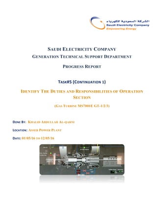 SAUDI ELECTRICITY COMPANY
GENERATION TECHNICAL SUPPORT DEPARTMENT
PROGRESS REPORT
TASK#5 (CONTINUATION 1)
IDENTIFY THE DUTIES AND RESPONSIBILITIES OF OPERATION
SECTION
(GAS TURBINE MS7001E GT-1/2/3)
DONE BY: KHALID ABDULLAH AL-QARNI
LOCATION: ASSER POWER PLANT
DATE: 01/05/16 TO 12/05/16
 