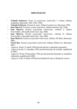 88
BIBLIOGRAFIE
- Yolanda Eminescu, Tratat de proprietate industrială, 3 volume, Editura
Academiei, Bucureşti, 1982, 1983, 1984;
- Yolanda Eminescu, Dreptul de autor, Editura Lumina Lex, Bucureşti, 1994;
- Ioan Macovei, ProtecŃia creaŃiei industriale, Editura Junimea, Iaşi, 1984;
- Ioan Macovei, Dreptul proprietăŃii intelectuale, volumul I, Editura
UniversităŃii „Alexandru Ioan Cuza”, Iaşi, 2002;
- Ioan Macovei, Dreptul proprietăŃii intelectuale, volumul II, Editura
UniversităŃii „Alexandru Ioan Cuza”, Iaşi, 2004;
- Ioan Macovei, Dreptul proprietăŃii intelectuale, Editura All Beck, Bucureşti,
2005;
- Viorel Roş, Dreptul proprietăŃii intelectuale, Editura Global Lex, Bucureşti,
2001;
- Legea nr. 84 din 15 aprilie 1998 privind mărcile şi indicaŃiile geografice;
- Legea nr.64 din 11 octombrie 1991 privind brevetele de invenŃie, republicată
în 2002;
- Legea nr.129 din 29 decembrie 1992 privind protecŃia desenelor şi modelelor
industriale, republicată în 2002;
- Legea nr. 8 din 14 martie 1996 privind dreptul de autor şi drepturile conexe.
 