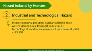 Hazard Induced by Humans
DISASTER READINESS AND RISK REDUCTION MANAGEMENT
Industrial and Technological Hazard
2
Include in...