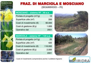 Iris pseudacorus
FRAZ. DI MARCIOLA E MOSCIANO
(SCANDICCI – FI)
MOSCIANO – sistema HF 60 a.e.
Portata di progetto (m3/g) 12
Superficie utile (m2) 200
Costi di investimento (€) 60.000
Costi di gestione (€/y) 1.000
Operativo dal 2001
MARCIOLA – sistema HF 125 a.e.
Portata di progetto (m3/g) 25
Superficie utile (m2) 420
Costi di investimento (€) 116.000
Costi di gestione (€/y) 2.000
Operativo dal 2001
I costi di investimento comprendono anche il collettore fognario
 