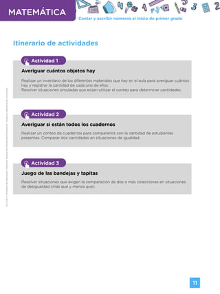 Contar y escribir números al inicio de primer grado
MATEMÁTICA
11
G.C.A.B.A.
|
Ministerio
de
Educación
|
Dirección
General
de
Planeamiento
Educativo
|
Gerencia
Operativa
de
Currículum.
Averiguar cuántos objetos hay
Realizar un inventario de los diferentes materiales que hay en el aula para averiguar cuántos
hay y registrar la cantidad de cada uno de ellos.
Resolver situaciones simuladas que exijan utilizar el conteo para determinar cantidades.
Actividad 1
Averiguar si están todos los cuadernos
Realizar un conteo de cuadernos para compararlos con la cantidad de estudiantes
presentes. Comparar dos cantidades en situaciones de igualdad.
Actividad 2
Juego de las bandejas y tapitas
Resolver situaciones que exigen la comparación de dos o más colecciones en situaciones
de desigualdad (más que y menos que).
Actividad 3
Itinerario de actividades
Volver a vista anterior
 