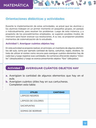Contar y escribir números al inicio de primer grado
MATEMÁTICA
12
G.C.A.B.A.
|
Ministerio
de
Educación
|
Dirección
General
de
Planeamiento
Educativo
|
Gerencia
Operativa
de
Currículum.
Orientaciones didácticas y actividades
Durante la implementación de estas actividades, se prevé que las alumnas y
los alumnos trabajen en un primer momento en pequeños grupos, en parejas
o individualmente, para resolver los problemas. Luego de esta instancia, y a
propósito de los procedimientos empleados, se sugieren posibles modos de
intervenir para hacer avanzar sus resoluciones. A su vez, se proponen posibles
momentos de sistematización de lo estudiado.
Actividad 1. Averiguar cuántos objetos hay
En esta actividad se propone realizar, en principio, un inventario de algunos elemen-
tos del aula, como por ejemplo cantidad de tijeras, cartulinas, reglas, etcétera. Se
trata de utilizar el conteo como recurso para averiguar cuántos elementos hay de
cada tipo y luego registrar esas cantidades. Se comienza ofreciendo objetos “móvi-
les” (desplazables) y luego se avanza presentando objetos “fijos” (dibujados).
Actividad 1 AVERIGUAR CUÁNTOS OBJETOS HAY
a. Averigüen la cantidad de algunos elementos que hay en el
aula.
b. Averigüen cuántos útiles hay en sus cartucheras.
Completen esta tabla:
ÚTILES CANTIDAD
LÁPICES NEGROS
LÁPICES DE COLORES
SACAPUNTAS
GOMAS DE BORRAR
G.C.A.B.A.
|
Ministerio
de
Educación
|
Dirección
General
de
Planeamiento
Educativo
|
Gerencia
Operativa
de
Currículum.
G.C.A.B.A.
|
Ministerio
de
Educación
|
Dirección
General
de
Planeamiento
Educativo
|
Gerencia
Operativa
de
Currículum.
Volver a vista anterior
 