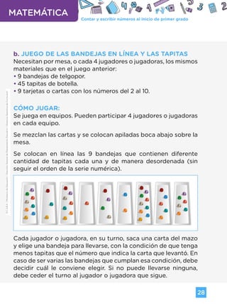Contar y escribir números al inicio de primer grado
MATEMÁTICA
28
G.C.A.B.A.
|
Ministerio
de
Educación
|
Dirección
General
de
Planeamiento
Educativo
|
Gerencia
Operativa
de
Currículum.
b. JUEGO DE LAS BANDEJAS EN LÍNEA Y LAS TAPITAS
Necesitan por mesa, o cada 4 jugadores o jugadoras, los mismos
materiales que en el juego anterior:
•
• 9 bandejas de telgopor.
•
• 45 tapitas de botella.
•
• 9 tarjetas o cartas con los números del 2 al 10.
CÓMO JUGAR:
Se juega en equipos. Pueden participar 4 jugadores o jugadoras
en cada equipo.
Se mezclan las cartas y se colocan apiladas boca abajo sobre la
mesa.
Se colocan en línea las 9 bandejas que contienen diferente
cantidad de tapitas cada una y de manera desordenada (sin
seguir el orden de la serie numérica).
Cada jugador o jugadora, en su turno, saca una carta del mazo
y elige una bandeja para llevarse, con la condición de que tenga
menos tapitas que el número que indica la carta que levantó. En
caso de ser varias las bandejas que cumplan esa condición, debe
decidir cuál le conviene elegir. Si no puede llevarse ninguna,
debe ceder el turno al jugador o jugadora que sigue.
G.C.A.B.A.
|
Ministerio
de
Educación
|
Dirección
General
de
Planeamiento
Educativo
|
Gerencia
Operativa
de
Currículum.
Volver a vista anterior
 