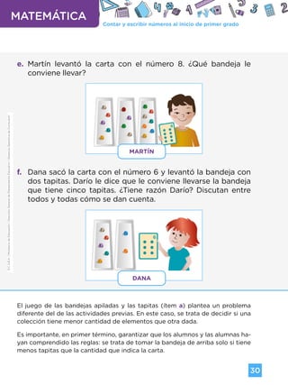 Contar y escribir números al inicio de primer grado
MATEMÁTICA
30
G.C.A.B.A.
|
Ministerio
de
Educación
|
Dirección
General
de
Planeamiento
Educativo
|
Gerencia
Operativa
de
Currículum.
e. Martín levantó la carta con el número 8. ¿Qué bandeja le
conviene llevar?
f. Dana sacó la carta con el número 6 y levantó la bandeja con
dos tapitas. Darío le dice que le conviene llevarse la bandeja
que tiene cinco tapitas. ¿Tiene razón Darío? Discutan entre
todos y todas cómo se dan cuenta.
El juego de las bandejas apiladas y las tapitas (ítem a) plantea un problema
diferente del de las actividades previas. En este caso, se trata de decidir si una
colección tiene menor cantidad de elementos que otra dada.
Es importante, en primer término, garantizar que los alumnos y las alumnas ha-
yan comprendido las reglas: se trata de tomar la bandeja de arriba solo si tiene
menos tapitas que la cantidad que indica la carta.
MARTÍN
DANA
G.C.A.B.A.
|
Ministerio
de
Educación
|
Dirección
General
de
Planeamiento
Educativo
|
Gerencia
Operativa
de
Currículum.
Volver a vista anterior
 