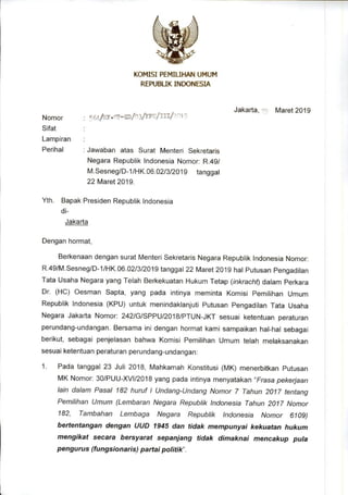 Surat KPU untuk Presiden Jokowi tentang Pancalegan OSO