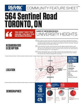 COMMUNITY FEATURE SHEET™
NAME OF NEIGHBOURHOOD
NEIGHBORHOOD
DESCRIPTION
LOCATION
REALTRONREALTYINC.,BROKERAGE
564SentinelRoad
TORONTO,ON
UNIVERSITYHEIGHTS
YOU DON’T BUY THE
HOUSE; YOU BUY THE
NEIGHBOURHOOD!
HIGHWAY
400
DOWNSVIEW
BATHURST
MANOR
CONCORD
Get ready to relax and enjoy this safe and convenient neighborhood that is
ﬁlled with stately homes, surrounded by mature trees and York University is
just steps away. Parents can cater to the needs of the entire family through
quality schools and excellent shopping.
Just minutes from the various parks and the Black Creek Parkland, get
ready to enjoy walking and cycling trips through abundant park space and
the stunning architecture of the university that is perfect for spontaneous
picnics and outdoor fun in all seasons.
Drivers will beneﬁt from a short 30-minute drive to the downtown core and
numerous transit options to provide access to all parts of the city, making
this community ideal for people that commute.
ELECTORAL
DISTRICTS
FEDERAL
York West
Judy Sgro, MP
PROVINCIAL
York West
Mario Sergio, MPP
CITY
Ward 8
Councillor
Anthony Perruzza
AVERAGE
HOUSEHOLD
SIZE 2.13
DEMOGRAPHICS
EDUCATION AGEDISTRIBUTION OCCUPATIONS
UNIVERSITY57.3%
HIGHSCHOOL24.9%
TRADESCHOOL1.7%
COLLEGE12.1%
OTHER3.8%
0-4-3.9%
5-9-3.0%
10-19-7.8%
20-34-54.7%
35-49-16.3%
50-54-4.8%
55-64-6.0%
65-69-1.3%
70+-1.7%
MARRIED-34.3%
SINGLE-60.0%
DIVORCED&SEPARATED-4.7%
OTHER-0.8%
28
MEDIAN
AGE
42%
HOUSEHOLDS
WITH
CHILDREN
 