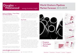 World Onshore Pipelines
Market Forecast 2015-2019energy business insight
e: research@douglaswestwood.com t: +44 (0)203 4799 505
www.douglas-westwood.com
Aberdeen | Faversham | Houston | London | Singapore
© 2015
Douglas-Westwood
60
World Onshore Pipelines Market Forecast 2015-2019
By purch
asing
this docum
ent, your organ
isation agree
s that it will not copy or allow
to be copied in part or whole
or otherwise circula
ted in any form any of the contents without the writte
n permission
of Douglas-W
estwo
od
Africa: Key Pipelines
Chapter 6 : Major Project Overview
The Gaso
duto
do Norte ao Sul de Moça
m-
bique
(GAS
NOS
U) Proje
ct would connect
the north
ern Moza
mbique Rovu
ma Basin
with Mapu
to and possibly South
Africa.
Gigajoule spent
18 mont
hs considerin
g the
economic
viability of an LNG
proje
ct aimed
at supplying gas to Moza
mbique but found
that a large-diam
eter north
-sout
h pipeline
would be a more
economical optio
n. A
pipeline also has the added benefit of being
able to supply markets other
than large
port
cities
with gas.
Techn
ical and economic
feasib
ility studies
comp
leted
in 2014
found
that the proposed
pipeline to Richa
rds Bay in South
Africa
with a 5,000
MW
powe
r statio
n at the end
would be economically viable
. The proje
ct
would also help alleviate a South
African
electricity
supply crisis
and is seen
as a
cheap
er and more
environme
ntally
friend
ly
altern
ative
to building a third
coal-fired
powe
r statio
n.
However,
the South
African governme
nt
does
not curre
ntly see GASN
OSU
as a so-
lution
to their
problems
and does
not plan
to go ahead
with the proje
ct. As a result,
the less ambitious
pipeline endin
g at Ma-
puto
rema
ins more
likely
but the possibility
for a South
African exten
sion at a later
time
is still a possibility.
The plann
ed Juba to Djibo
uti pipeline is
considered
an altern
ative
to South
Sudan’s
curre
nt expo
rt pipeline which
passe
s
throu
gh Sudan. Sudan has repea
tedly
threa
tened
to shut South
Sudan out of the
pipeline over
argum
ents regarding transit
fees.
Adding further strain
to the relationship
between the countries,
Sudan has accus
ed
South
Sudan of supporting rebels and
claims that Sudan is stealing oil directly from
the pipeline.
South
Sudan has been
looking for altern
a-
tive ways
to expo
rt their
oil and considered
route
s throu
gh Kenya and Djibo
uti. Sudan
decid
ed on the Djibo
uti route
as it is
short
er and more
economical.Attra
cting
exter
nal investors continues
to be a struggle in the region. Receiving
investmen
t from
the West
for a proje
ct this
size in a country with little in terms of basic
infras
tructure is partic
ularly
challe
nging
.
In the East,
China
would have
to choose
between Sudan or South
Sudan, some
thing
it is unwilling to do.
Zimbabwe
Mo
zamb
iqu
e
Rovum
a
Mapu
to
Basin
Tanzania
Mad
ag
asca
r
Zambia Malawi
South
Africa
S.Sudan
DR of
Congo
Nairobi
Juba
Djibouti
SomaliaUganda
Kenya
Ethiopia
Map
is for illustra
tive purpo
ses only
Map
is for illustra
tive purpo
ses only
GASN
OSU
Developer: Gigajo
ule Intern
ationa
l & ENH
Coun
tries:
Moza
mbique, South
Africa
Product: GasCons
truction: 2016-2018Lengt
h: 2,450
kmDiam
eter:
LargeAnnu
al Capacity: n/a
Juba to Djibouti pipelineDeve
loper
: n/aCoun
tries:
South
Sudan
, Ethiop
ia, Djibouti
Product: OilCons
truction: 2018-2020
(est.)Lengt
h: 1,700
kmDiam
eter:
26”Annu
al Capacity: n/a
•	 Prospects
•	 Technologies
•	 Markets
© 2015
Douglas-Westwood
35
World Onshore Pipelines Market Forecast 2015-2019
By purch
asing
this docum
ent, your organ
isation agree
s that it will not copy or allow
to be copied in part or whole
or otherwise circula
ted in any form any of the contents without the writte
n permission
of Douglas-W
estwo
od
EPC: Key Components – DW
Capex
Chapter 3 : Technical Review
Function:
To operate valves by mech
anical mean
s.
Desc
riptio
n: Actuators
have
significant
benefits when
linked
to the pipeline contr
ol and system.
How
it work
s: The mech
anical action will either be
driven by an electric moto
r, comp
ressed air drivin
g a
cylind
er by hydra
ulic fluid or by using
the gas in the
pipeline itself.
The Rotork Fluid
Syste
m has actua
tors
designed to be powe
red by pipeline gas with either oil
press
ure or direct gas meth
ods.
Actu
ator
(Stat
ion Equip
ment
)
Function:
To stop or restrict flow within a pipeline
for inspe
ction, repair and maintenan
ce (IRM) opera-
tions.
Desc
riptio
n: Materials for valves are chose
n based
on
press
ure, temp
eratu
re and properties
of the product
to be contr
olled. Corrosive
or erosive products may
requi
re a comp
romis
e in material selection, exotic
alloys
, or body
coatings to minim
ise these
material
intera
ctions and exten
d the life of the valve
or com-
pone
nts. Typically, carbo
n steel
alloys
are specified for
non-c
orros
ive applic
ations.
How
it work
s: Gate
Valve
: used
to block
flow comp
letely
to redirect flow or isolat
e a sectio
n for IRM.
The ‘gate’
in a gate valve
is a slab of metal which
is mova
ble within a frame
by mean
s of a threa
ded rod. This rod is con-
necte
d directly or indire
ctly to a turnin
g whee
l and possibly to a mech
anical actua
tor mech
anism
.
Glob
e Valve
: used
to contr
ol flow rate.
They
are name
d after
their
spher
ical shape
with the two halve
s of the
body
being
separ
ated by an intern
al baffle
which
has an open
ing that forms the seat onto
which
a mova
ble plug
can be fasten
ed. The sectio
n of the plug that protr
udes
into the flow will cause
frictio
n and thus can be used
to
contr
ol flow rates.
Othe
r types
: ball valve
and plug valve
used
for isolat
ion, butte
rfly valve
and diaph
ragm
valve
used
for isolat
ion
as well as flow contr
ol; check valve
used
for preve
nting
rever
se flow;
and press
ure relief
valve
used
for releasing
excessive
press
ure.
Valve
s (Stat
ion Equip
ment
)
Function:
To join straig
ht pipe sectio
ns toget
her if they
have
differ
ent sizes
Othe
r times
, fitting
s are used
instea
d of welding so
that flow regulation
and maintenan
ce operation
can be
carrie
d out
Desc
riptio
n: Fittings are classified accor
ding to their
shape
s, which
in turn imply
the usage
. The most
com-
mon
types
are: elbow
, tee, coupling, union
and cap.
Materials for a fitting
vary based
on the materials of
the pipeline the fitting
is attached to and its function.
The comm
on materials includ
e carbo
n steel,
copper
and cast iron.
How
it work
s: Elbow
s allow
the pipe to chang
e direc-
tion, usually in the 90° or 45° angle
. Tees
are used
to transport two-phase
fluid mixtu
res. Split
tees are
specially designed for hot tapping, a proce
ss in which
maintenan
ce or modi
ficatio
n can be done
to a pipeline
witho
ut interr
upting its flow.
Coup
lings
connect two
pipes
to each
other
; they are called
reducers if the
pipe sizes
are differ
ent. Caps
act as a prote
ctive
devic
e
to cover the end of a pipeline.
Fittin
gs Function:
To carry
the product
Desc
riptio
n: Indus
trial line pipe used
to transport
hydro
carbo
n are usually made
from
carbo
n steel,
chrom
ium, GRP,
nicke
l alloys
and other
alloys
.
How
it work
s: Line pipe are manu
factured in parts
to be later
joined by fitting
s. Specifications such
as
diameter and wall thickn
ess will vary accor
ding to the
techn
ical requi
reme
nts of the carrie
d product.
Line
Pipe
© 2015
Douglas-Westwood
41
World Onshore Pipelines Market Forecast 2015-2019
By purch
asing
this docum
ent, your organ
isation agree
s that it will not copy or allow
to be copied in part or whole
or otherwise circula
ted in any form any of the contents without the writte
n permission
of Douglas-W
estwo
od
Limitations and Alternative Transport Methods
Chapter 3 : Technical Review
Onsh
ore pipelines can be const
rained
by economic, techn
ical, geogr
aphic
al
and geopolitical limita
tions.The limita
tions
might make
altern
ative
transporta
tion meth
ods by rail, road
and/o
r FPSO
/FLNG/LN
G carrie
rs
much
attractive
optio
ns.
Onshore
pipeline limitations
While onshore pipelines have
helpe
d in
transporting oil, gas and condensat
es on-
shore
, they are not witho
ut limita
tions.
Some
key limita
tions
includ
e economic
viability, poten
tial negat
ive environme
ntal
impacts, land-space
, techn
ical const
raints
,
attacks and geopolitica
l limita
tions.Economic
viabil
ity is a key considerat
ion
in decid
ing on transporta
tion solution.
Cons
tructing an onshore pipeline requi
res
a high-Cape
x investmen
t, which
can be
limitin
g when
funds
are insuff
icient
or capital
is difficu
lt to raise.
Howerver
, the operating
Opex
can be considerab
ly lower than alter-
native
transport meth
ods. In certain cases
,
altern
ative
transporta
tion meth
ods (road
or
rail) may not be feasib
le due to geographi-
cal const
raints
. Additionally, oil & gas price
fluctu
ation
can also impact the economic
viability of onshore pipeline proje
cts.Envir
onme
ntal considera
tions
can limit the
const
ructio
n of pipelines which
impacts the
flora
and fauna
of the surro
undin
g environ-
ment
. This is typica
lly oppo
sed politically
and such
proje
cts are often
lobbied against
by the local
comm
unitie
s.
Land-spac
e constraints can be limitin
g to
the const
ructio
n of pipelines. Where space
is a concern, onshore pipeline const
ructio
n
can be difficu
lt partic
ularly
in the acqui
sition
of rights
-of-w
ay or land.
Geog
raphi
cal & Technical
constraints can
impair the ability
to const
ruct onshore pipe-
lines.
Various drillin
g meth
ods and const
ruc-
tion techn
iques
have
been
developed
such
as horizontal
directional drillin
g in cases
wher
e excav
ations and diggin
g of trenc
hes
can prove
to be difficu
lt.
Geop
olitical and political issues can
threa
ten onshore pipeline proje
cts. A case
in point
is in Myan
mar wher
e there
exists
energ
y-security
concerns in relation to
Thailand, India
and China
.Terro
rist attacks on pipelines do happen
and can threa
ten the go-ah
ead for onshore
pipeline proje
cts, espec
ially for large
cross
-
region transport pipelines. Additional costs
imple
ment
ing pipeline secur
ity meas
ures
might be a deter
rent for onshore proje
cts.
Terro
rist organ
isatio
ns often
target onshore
pipelines to threa
ten the intern
al stabil-
ity of regim
es and to cut off vital energ
y
sourc
es. They
can also threa
ten to sabot
age
pipelines until dema
nds are met,
effectively
holding the pipeline at ranso
m
Alternative transport methods
Alternative
transporta
tion meth
ods are
used
when
onshore pipeline transporta
-
tion is not economically, techn
ically
or
geographically viable
.
Rail is a flexib
le and scalab
le transporta
tion
meth
od for oil, partic
ularly
when
new pipe-
line proje
cts are facing
public oppo
sition
(usua
lly relating to environme
ntal dama
ge
concerns). Companie
s such
as South
ern
Pacific Trans
porta
tion provi
de such
servic
es.
Rail transporta
tion can be const
rained by
geography
and land obstr
uctions includ
ing
moun
tains
and water bodie
s. However,
rail transporta
tion can result in significant
accidents.
Road
transporta
tion includ
ing vehic
le trans-
porta
tion via tanke
rs, trucks and other
ve-
hicles
are plausible optio
ns wher
e distan
ces
are short
and when
it is economically viable
to do so. Road
transporta
tion meth
ods are
usually used
locally. Simila
r to rail transport,
road
transporta
tion may be limite
d to land
geography
and any route
obstr
uctions.
FPSO
/FLNG/LN
G Carriers
Floating carrie
rs such
as the Floating
Production Stora
ge & Offlo
ading
(FPSO
),
Floating Lique
fied Natural Gas (FLN
G) and
Lique
fied Natural Gas (LNG
) are viable
op-
tions
wher
e materials are to be transporte
d
acros
s water bodie
s. They
are prefe
rred
altern
atives
over
onshore pipelines when
the transporta
tion costs
of floating carrie
rs
are more
attrac
tive than building onshore
pipelines.
Rail
Road
FPSO
/ FLNG
/ LNG
Carr
ier
Alter
nativ
e Trans
port
Meth
ods
Figure
25: Altern
ative Transport Methods
© 2015
Douglas-Westwood
17
World Onshore Pipelines Market Forecast 2015-2019
By purch
asing
this docum
ent, your organ
isation agree
s that it will not copy or allow
to be copied in part or whole
or otherwise circula
ted in any form any of the contents without the writte
n permission
of Douglas-W
estwo
od
Project ProcessChapter 3 : Technical Review
Feasibility
Assessment
Feasibility
analysis surve
ys the poten
tial
route
and assesses the poten
tial and obsta
-
cles in the proposed
route
.
Geop
hysical Analy
sis
Geop
hysical studies are conducted
throu
gh
drive
along
, walk
along
and aerial surve
ys.
These assess the geolo
gical and environ-
ment
al feasib
ility of the proposed
route
.
Gove
rnme
nt and Regulatory Appr
ovals
Oper
ators
will often
have
to seek
local
governme
nt and regulators’ appro
val for the
go-ah
ead. This proce
ss some
times
involv
e
local
comm
unity
surve
ys and legal advisors.
Right
s of Ways
and Land
Acqu
isition
Rights of way are acqui
red within the
desired route
path.
At times
, the land will
have
to be acqui
red. This proce
ss often
involv
e legal consu
ltants
.
Key Components
The key comp
onents includ
e line pipe,
fitting
s, statio
n equip
ment
and storage facili-
ties. These comp
onents are often
procu
red
prior
to const
ructio
n.
Oper
ational Cont
rol Syste
ms
These systems are designed to be centr
es
of super
vision
that receive data from
all
statio
ns along
the pipeline and send
orders
back
to those
statio
ns
Procedure
s
O&M
activities are governed
by a set of
stand
ard proce
dures
developed
and imple
-
ment
ed by operators.
Deco
mmis
sionin
g
Conc
erns pipelines or parts
of pipelines
remo
ved due to corro
sion,
pipeline dam-
ages or reservoir press
ure issues. Regulatory
and governme
nt bodie
s have
the optio
n
to enact
a decommis
sionin
g progr
amme. It
seeks
to ensur
e that the decommis
sione
d
pipeline is not a risk to the environme
nt or
the local
comm
unity
by enfor
cing surve
y
and maintenan
ce follow
ups.
Route Selec
tion
This requi
res the utilisa
tion of systems such
as remo
tely sense
d data and GIS and will have
to consider the route
obstr
uctions and corre
sponding rights
of way and land acqui
sition
. Environme
ntal and safety
considerat
ions are also
key in this proce
ss.
Pipeline Calcu
lation
s
Desig
n data and mech
anical calculation
s are integral in the pipeline engin
eering proce
ss. This would involv
e operat-
ing, environme
ntal and line pipe data.
Key Materials
Material selection forms a crucial part the FEED
proce
ss. Cons
iderations
for this includ
e selection criter
ia, coatings
& corro
sion assessmen
t, qualit
y assessmen
t and stand
ards & specificatio
ns.
Cons
truction
Route
Prepa
ration
Route clearance
involv
es remo
val of veget
ation
and obstr
uction as well as transporta
tion of the const
ructio
n equip
-
ment
to the site of the pipeline route
.
Digging of trenc
hes takes
place
once
the route
has been
prepa
red and cleared of any obstr
uctions. Depe
nding
on
the site conditions
, differ
ent drillin
g techn
iques
may also be used
such
as horizontal
directional drillin
g, micro
-
tunne
lling.
Pipe Installation
Pipe installation
steps
includ
e: string
ing and bending, welding & coating and lowering & backf
illing.
If the line pipe is
an exten
sion,
it will be tied-in to existi
ng facilities
Comm
issioning
The last stage
of the pipeline const
ructio
n proce
ss involv
es hydro
static
testin
g and land resto
ration
. Most
pipelines
will be tested for leaks
hydro
static
ally or pneumatic
ally by monitoring press
ure. Once
all testin
g and work
s are
comp
leted, the const
ructio
n crew
will reinstate the site to the origin
al conditions
as much
as feasib
le.
FEED
Pre-FEED
O&M
EPC
Decommissioning
© 2015
Douglas-Westwood
52
World Onshore Pipelines Market Forecast 2015-2019
By purch
asing
this docum
ent, your organ
isation agree
s that it will not copy or allow
to be copied in part or whole
or otherwise circula
ted in any form any of the contents without the writte
n permission
of Douglas-W
estwo
od
Australasia: Outlook & Key Trends
Chapter 5 : Market Outlook
Pipeline const
ructio
n and expenditure
will continue to rise in Austr
alasia
, led
in large
part by gas activity (conv
en-
tional, CBM
and CSG) in Austr
alia.A numb
er of significant
natur
al gas
proje
cts are expected to come
on-
stream in the coming years
– increas-
ing the need
for onshore infras
truc-
ture.
There is an observable shift towards
medium diameter pipelines in the
region.
2010 2011 2012 2013 2014 2015 2016 2017 2018 2019
InstalledKM(thousand)
Capex($bn
)
Capex
Km installed
Robust grow
thAustr
alasia
is a concentra
ted but grow
ing
market. An uptick in activity is expected
over
the forec
ast perio
d follow
ing a
const
ructio
n spike
in 2012. Installation
s are
expected to grow
from
km this year
to
km by 2019.
Expenditure will be greatest in Austr
alia,
with
% of spend
ing in 2015. The secon
d
largest region on this basis
will be Papua
New
Guinea.
The key driver for grow
th in this market is
the need
for pipeline infras
tructure to bring
gas from
fields
to feed LNG
plants. This
will requi
re developm
ent over
the entire
forec
ast perio
d.
Gas dominanceThe Austr
alasia
n market has alway
s been
domi
nated
by gas pipelines and this trend
is expected to continue. In addition to
conventio
nal natur
al gas, this region also has
exten
sive coal bed meth
ane (CBM
) outpu
t
to diversify its gas product portfolio.Shift towards medium diameter
Durin
g the forec
ast perio
d, the medium
range
of 24-41
” will increase its propor-
tion of the market comp
ared
with the
<24”
range
and will accou
nt for
% of the
proje
cted installation
base.
The proportion
of large
range
pipe,
i.e. pipe of greater than
41”, will rema
in neglig
ible at %.
0%
20%
40%
60%
80%
100%
2010
2013
2016
2019
Gas
Liquid
%
%
%
%
%
%
2010-2014
2015-2019
km
km
Table
17: Australasia
Market Outlook by Capex and Length
“Gas
dema
nd on the east coast
of
Austr
alia will triple
with newly com-
missioned
LNG
proje
cts.”Senio
r Mana
geme
nt – Pipeline
Oper
ator
<24"
24-41
" >41"
CAP
EX $mill
ion
2014
2015
2016
2017
2018
2019
Cost
Break
down
RoW
Line Pipe
Fitting
s
Statio
n
Const
ructio
nOther
Costs
Produ
ct
Gas
Liquid
Diam
eter
<24"
24-41
"
>41"
Total
LENG
TH km
2014
2015
2016
2017
2018
2019
Produ
ct
Gas
Liquid
Diam
eter
<24"
24-41
"
>41"
Total
Histo
ric Forec
ast
Figure
37: Market Outlook by Capex and Length in Australasia
Figure
38: Annual Installed Length
by Produ
ct in Australasia
Figure
39: Australasia
Historic and
Forecast Length by Diam
eter
© 2015 Douglas-Westwood 65World Onshore Pipelines Market Forecast 2015-2019
By purchasing this document, your organisation agrees that it will not copy or allow to be copied in part or whole or otherwise circulated in any form any of the contents without the written permission of Douglas-Westwood
Eastern Europe & FSU: Key Pipelines
Chapter 6 : Major Project Overview
The proposed pipeline would supply China
and Korea with gas while allowing Russia
to meet its Energy Strategy which aims to
supply 20% of its gas exports to the Asia-
Pacific region.
Initially planned for 2008, the project has
been delayed to 2016. In 2014 Russia wrote
off 90% of North Korea’s debt to facilitate
the building of the pipeline on the most
economic of the three proposed routes.
The preferred route is entirely onshore
and passes through North Korea. A second
proposed route passes through China and
includes a subsea pipeline to South Korea.
A third route runs from Russia directly to
South Korea via a subsea section. With an-
ticipation of realising this project, Russia will
be the largest gas supplier to South Korea.
From the short-term perspective, the
interests of the three parties are aligned.
The pipeline will help South Korea acquire
natural gas at a better price and present
North Korea an opportunity to prop up its
economy as the project will offer an esti-
mated $100 million in annual transit fees.
Russia will gain access to a new market,
enhance its role in increasing the energy se-
curity of South Korea and mitigate tensions
on the peninsula.
In response to Western sanctions involving
Ukraine, Russia is attempting to diversify
its energy exports focusing on the East and
shifting away reliance on European markets.
North Korea and Russia, both under
Western sanctions, seem to have been
encouraged to strengthen diplomatic ties as
a result of their similar situations. The move
could also strengthen Moscow’s ties with
Seoul and undermine American alliance
building efforts in the Pacific.
Differences in interests between the coun-
tries have caused delays to a final agree-
ment on pricing. A low price or export
volume would not justify the field develop-
ment cost for Russia while South Korea
are negotiating for a lower price given their
reliance on gas imports. Seoul is reluctant
to rely on Pyongyang for energy imports
but an insurance policy where North Korea
would also be cut off should they decide
to use the pipeline as political leverage has
alleviated some concerns.
However, increasingly strong ties between
Moscow and Pyongyang, coupled with po-
tential for Russia to meet many of its strate-
gic and political goals, suggest that the line is
more likely to be built than previously.
Gazprom is a major partner for the
proposed pipeline project given the firm’s
expertise in long distance pipelines.
Irkutsk
Buryat Khabarovsk
Vladivostok
SeoulWeihai
Beijing
China
Mongolia
South
Korea
North
Korea
Japan
Russia
Map is for illustrative purposes only
Russia – South Korea
Developer: Gazprom
Countries: Russia, South Korea
Product: Gas
Construction: 2016-2018 (est.)
Length: 1,200km
Diameter: 48”
Annual Capacity: 10bcm
Stuck in the Pipeline – Project Delays
Hit Industry Outlook
Now in its 8th edition, the World Onshore
Pipelines Market Forecast 2015-2019 from
Douglas-Westwood, considers the prospects
for the onshore pipelines construction business
and values the future markets through to 2019
by key component, region, pipeline type and
diameter.
A substantial fall in oil prices since July 2014
has negatively impacted the onshore pipeline
market, although project delays are almost ex-
clusively in North America. The pipeline market
itself is well-cushioned from short-term com-
modity price fluctuations with projects typically
responsive to long-term demand and supply
trends, both within and between regions.
Douglas-Westwood (DW) expects onshore
pipeline expenditure to grow modestly to
$220bn between 2015 and 2019, an increase of
14% compared with $193bn over the preced-
ing five-year period. An increasing volume of
pipeline installations is expected in most regions,
supported by continued product demand
growth in both new and existing population
centres, new and increasing hydrocarbon sup-
ply, and a shift in energy demand preferences
towards gas.
North America and Asia remain the highest vol-
ume markets, together accounting for approxi-
mately 45% of global Capex. However, fastest
growth is anticipated in the Middle East. In total
DW expects almost 309,000km of line pipe to
be installed. This represents an increase of 11%
compared to the previous five-year period.
Key Trends
With an anticipated 35% increase in global
energy demand between 2010 and 2040,
natural gas is expected to significantly increase
its share of the energy mix – growing by 65%
over the same period. This trend, observable
in our previous edition of this report, is
progressing as expected, driven in large part by
non-OECD demand growth and technology
advancements, including in liquefied natural gas.
Investment in new infrastructure to support
LNG and unconventional gas developments
will be a major factor shaping future demand
for pipelines. Outside the major oil province
of the Middle East, gas pipelines accounted for
62% of km installed over the past five years with
this figure expected to increase to 66% for the
2015-19 period.
We have seen lower steel prices and greater
manufacturing capacity become available. Lower
levels of near-term activity among tubular goods
providers have released manufacturing capacity
for line pipes. Lower than expected economic
growth in Asia and reduced activity in North
American unconventional production is expect-
ed to support this scenario in the short-term.
 