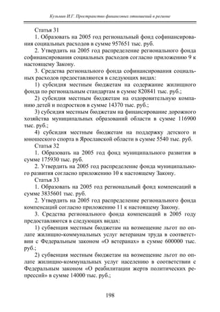 Кузьмин И.Г. Пространство финансовых отношений в регионе
198
Статья 31
1. Образовать на 2005 год региональный фонд софинансирова-
ния социальных расходов в сумме 957651 тыс. руб.
2. Утвердить на 2005 год распределение регионального фонда
софинансирования социальных расходов согласно приложению 9 к
настоящему Закону.
3. Средства регионального фонда софинансирования социаль-
ных расходов предоставляются в следующих видах:
1) субсидия местным бюджетам на содержание жилищного
фонда по региональным стандартам в сумме 820841 тыс. руб.;
2) субсидия местным бюджетам на оздоровительную компа-
нию детей и подростков в сумме 14370 тыс. руб.;
3) субсидия местным бюджетам на финансирование дорожного
хозяйства муниципальных образований области в сумме 116900
тыс. руб.;
4) субсидия местным бюджетам на поддержку детского и
юношеского спорта в Ярославской области в сумме 5540 тыс. руб.
Статья 32
1. Образовать на 2005 год фонд муниципального развития в
сумме 175930 тыс. руб.
2. Утвердить на 2005 год распределение фонда муниципально-
го развития согласно приложению 10 к настоящему Закону.
Статья 33
1. Образовать на 2005 год региональный фонд компенсаций в
сумме 3835601 тыс. руб.
2. Утвердить на 2005 год распределение регионального фонда
компенсаций согласно приложению 11 к настоящему Закону.
3. Средства регионального фонда компенсаций в 2005 году
предоставляются в следующих видах:
1) субвенция местным бюджетам на возмещение льгот по оп-
лате жилищно-коммунальных услуг ветеранам труда в соответст-
вии с Федеральным законом «О ветеранах» в сумме 600000 тыс.
руб.;
2) субвенция местным бюджетам на возмещение льгот по оп-
лате жилищно-коммунальных услуг населению в соответствии с
Федеральным законом «О реабилитации жертв политических ре-
прессий» в сумме 14000 тыс. руб.;
Copyright ОАО «ЦКБ «БИБКОМ» & ООО «Aгентство Kнига-Cервис»
 