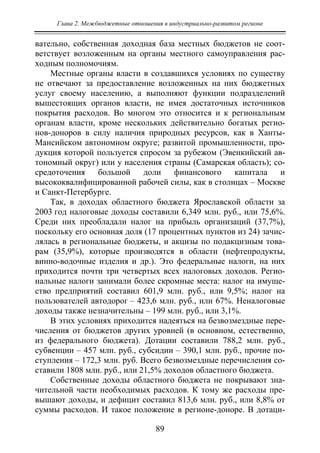 Глава 2. Межбюджетные отношения в индустриально-развитом регионе
89
вательно, собственная доходная база местных бюджетов не соот-
ветствует возложенным на органы местного самоуправления рас-
ходным полномочиям.
Местные органы власти в создавшихся условиях по существу
не отвечают за предоставление возложенных на них бюджетных
услуг своему населению, а выполняют функции подразделений
вышестоящих органов власти, не имея достаточных источников
покрытия расходов. Во многом это относится и к региональным
органам власти, кроме нескольких действительно богатых регио-
нов-доноров в силу наличия природных ресурсов, как в Ханты-
Мансийском автономном округе; развитой промышленности, про-
дукция которой пользуется спросом за рубежом (Эвенкийский ав-
тономный округ) или у населения страны (Самарская область); со-
средоточения большой доли финансового капитала и
высококвалифицированной рабочей силы, как в столицах – Москве
и Санкт-Петербурге.
Так, в доходах областного бюджета Ярославской области за
2003 год налоговые доходы составили 6,349 млн. руб., или 75,6%.
Среди них преобладали налог на прибыль организаций (37,7%),
поскольку его основная доля (17 процентных пунктов из 24) зачис-
лялась в региональные бюджеты, и акцизы по подакцизным това-
рам (35,9%), которые производятся в области (нефтепродукты,
винно-водочные изделия и др.). Это федеральные налоги, на них
приходится почти три четвертых всех налоговых доходов. Регио-
нальные налоги занимали более скромные места: налог на имуще-
ство предприятий составил 601,9 млн. руб., или 9,5%; налог на
пользователей автодорог – 423,6 млн. руб., или 67%. Неналоговые
доходы также незначительны – 199 млн. руб., или 3,1%.
В этих условиях приходится надеяться на безвозмездные пере-
числения от бюджетов других уровней (в основном, естественно,
из федерального бюджета). Дотации составили 788,2 млн. руб.,
субвенции – 457 млн. руб., субсидии – 390,1 млн. руб., прочие по-
ступления – 172,3 млн. руб. Всего безвозмездные перечисления со-
ставили 1808 млн. руб., или 21,5% доходов областного бюджета.
Собственные доходы областного бюджета не покрывают зна-
чительной части необходимых расходов. К тому же расходы пре-
вышают доходы, и дефицит составил 813,6 млн. руб., или 8,8% от
суммы расходов. И такое положение в регионе-доноре. В дотаци-
Copyright ОАО «ЦКБ «БИБКОМ» & ООО «Aгентство Kнига-Cервис»
 
