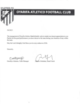 Oyarifa Atletico Madrid Letter of Appreciation