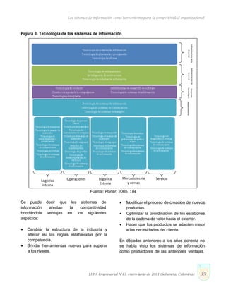 Infraestructuradela
empresa
Administraciónde
recursos
Desarrollo
tecnológicoAbastecimiento
Los sistemas de información como herramienta para la competitividad organizacional
Figura 6. Tecnología de los sistemas de información
Logística
interna
Operaciones Logística
Externa
Mercadotecnia
y ventas
Servicio
Fuente: Porter, 2005, 184
Se puede decir que los sistemas de
información afectan la competitividad
brindándole ventajas en los siguientes
aspectos:
 Cambiar la estructura de la industria y
alterar así las reglas establecidas por la
competencia.
 Brindar herramientas nuevas para superar
a los rivales.
 Modificar el proceso de creación de nuevos
productos.
 Optimizar la coordinación de los eslabones
de la cadena de valor hacia el exterior.
 Hacer que los productos se adapten mejor
a las necesidades del cliente.
En décadas anteriores a los años ochenta no
se había visto los sistemas de información
como productores de las anteriores ventajas,
LUPA Empresarial N°13. enero-junio de 2011 (Sabaneta, Colombia) 35
 
