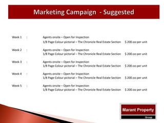 Week 1 : Agents onsite – Open for Inspection
1/8 Page Colour pictorial – The Chronicle Real Estate Section $ 200.oo per unit
Week 2 : Agents onsite – Open for Inspection
1/8 Page Colour pictorial – The Chronicle Real Estate Section $ 200.oo per unit
Week 3 : Agents onsite – Open for Inspection
1/8 Page Colour pictorial – The Chronicle Real Estate Section $ 200.oo per unit
Week 4 : Agents onsite – Open for Inspection
1/8 Page Colour pictorial – The Chronicle Real Estate Section $ 200.oo per unit
Week 5 : Agents onsite – Open for Inspection
1/8 Page Colour pictorial – The Chronicle Real Estate Section $ 200.oo per unit
 