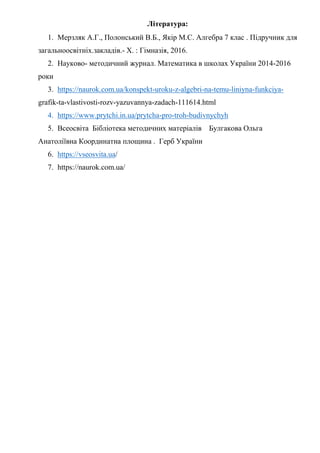 Література:
1. Мерзляк А.Г., Полонський В.Б., Якір М.С. Алгебра 7 клас . Підручник для
загальноосвітніх.закладів.- Х. : Гімназія, 2016.
2. Науково- методичний журнал. Математика в школах України 2014-2016
роки
3. https://naurok.com.ua/konspekt-uroku-z-algebri-na-temu-liniyna-funkciya-
grafik-ta-vlastivosti-rozv-yazuvannya-zadach-111614.html
4. https://www.prytchi.in.ua/prytcha-pro-troh-budivnychyh
5. Всеосвіта Бібліотека методичних матеріалів Булгакова Ольга
Анатоліївна Координатна площина . Герб України
6. https://vseosvita.ua/
7. https://naurok.com.ua/
 