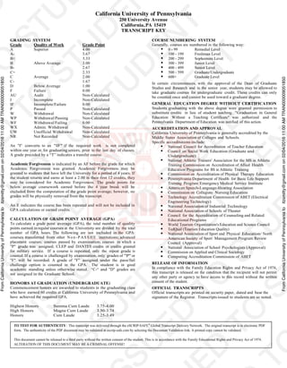 FromCaliforniaUniversityofPennsylvaniatoitzsmitty@gmail.comon02/04/201611:00AMTRAN000009051850
FromCaliforniaUniversityofPennsylvaniatoitzsmitty@gmail.comon02/04/201611:00AMTRAN000009051850
California University of Pennsylvania
250 University Avenue
California, PA 15419
TRANSCRIPT KEY
GRADING SYSTEM
Grade Quality of Work Grade Point
A Superior 4.00
A- 3.67
B+ 3.33
B Above Average 3.00
B- 2.67
C+ 2.33
C Average 2.00
C- 1.67
D Below Average 1.00
F Failure 0.00
AU Audit Non-Calculated
I Incomplete Non-Calculated
IF Incomplete/Failure 0.00
P Passed Non-Calculated
W Withdrawal Non-Calculated
WP Withdrawal/Passing Non-Calculated
WF Withdrawal/Failing 0.00
WX Admin. Withdrawal Non-Calculated
UW Unofficial Withdrawal Non-Calculated
NR Not Recorded Non-Calculated
An "I" converts to an "IF" if the required work is not completed
within one year or, for graduating seniors, prior to the last day of classes.
A grade preceded by a “T” indicates a transfer course.
Academic Forgiveness is indicated by an AF before the grade for which
Academic Forgiveness was granted. Academic Forgiveness may be
granted to students that have left the University for a period of 4 years. If
the student returns and earns at least a 2.00 in their first 12 credits, they
may be considered for Academic Forgiveness. The grade points for
below average coursework earned before the 4 year break will be
excluded from the computation of the grade point average; however, no
grades will be physically removed from the transcript.
An E indicates the course has been repeated and will not be included in
GPA calculations or earned credits.
CALCULATION OF GRADE POINT AVERAGE (GPA)
To calculate a grade point average (GPA), the total number of quality
points earned inregular courses at the University are divided by the total
number of GPA hours. The following are not included in the GPA:
courses transferred from other No n - P AS SH E institutions; advanced
placement courses; courses passed by examination; courses in which a
"P" grade was assigned; CLEP and DANTES credits or credits granted
for military service. If a course is repeated, only the repeat grade is
counted. If a course is challenged by examination, only grades of "P" or
"F" will be recorded. A grade of "F" assigned under the pass/fail
challenge option is counted in the GPA. The student is in good
academic standing unless otherwise stated. “C-“ and "D" grades are
not assigned in the Graduate School.
HONORS AT GRADUATION (UNDERGRADUATE)
Commencement honors are awarded to students in the graduating class
who have earned 60 credits at California University of Pennsylvania and
have achieved the required GPA.
Highest Honors Summa Cum Laude 3.75-4.00
High Honors Magna Cum Laude 3.50-3.74
Honors Cum Laude 3.25-3.49
COURSE NUMBERING SYSTEM
Generally, courses are numbered in the following way:
0 - 99 Remedial Level
100 - 199 Freshman Level
200 - 299 Sophomore Level
300 - 399 Junior Level
400 - 499 Senior Level
500 - 599 Graduate/Undergraduate
600+ Graduate Level
In certain circumstances, with the approval of the Dean of Graduate
Studies and Research and in the senior year, students may be allowed to
take graduate courses for undergraduate credit. These credits can only
be counted once and cannot be used toward a graduate degree.
GENERAL EDUCATION DEGREE WITHOUT CERTIFICATION
Students graduating with the above degree were granted permission to
substitute credits in lieu of student teaching. "Graduation in General
Education Without a Teaching Certificate" was authorized and the
Pennsylvania Department of Education was notified of this action.
ACCREDITATION AND APPROVAL
California University of Pennsylvania is generally accredited by the
Middle States Association of Colleges and Schools.
Specific accreditations include:
National Council for Accreditation of Teacher Education
Council on Social Work Education (Graduate and
Undergraduate)
National Athletic Trainers' Association for the MS in Athletic
Training Commission on Accreditation of Allied Health
Education Programs for BS in Athletic Training
Commission on Accreditation of Physical Therapy Education
Pennsylvania Department of Health for Basic Life Support
Training Program Emergency Medical Service Institute
American Speech-Language-Hearing Association
Commission on Collegiate Nursing Education
Technology Accreditation Commission of ABET (Electrical
Engineering Technology)
National Association of Industrial Technology
National Association of Schools of Theater
Council for the Accreditation of Counseling and Related
Educational Programs
World Tourism Organization's Education and Science Council
TedQual (Tourism Education Quality)
National Association of Sport and Physical Education/ North
American Society of Sport Management Program Review
Council (Approval)
National Association of School Psychologists (Approval)
Commission on Applied and Clinical Sociology
Computing Accreditation Commission of ABET
RELEASE OF INFORMATION
In compliance with the Family Education Rights and Privacy Act of 1974,
this transcript is released on the condition that the recipient will not permit
any other party or agency to have access to this record without the written
consent of the student.
OFFICIAL TRANSCRIPTS
Official transcripts are printed on security paper, dated and bear the
signature of the Registrar. Transcripts issued to students are so noted.
TO TEST FOR AUTHENTICITY: This transcript was delivered through the eSCRIP-SAFE®
Global Transcript Delivery Network. The original transcript is in electronic PDF
form. The authenticity of the PDF document may be validated at escrip-safe.com by selecting the Document Validation link. A printed copy cannot be validated.
This document cannot be released to a third party without the written consent of the student. This is in accordance with the Family Educational Rights and Privacy Act of 1974.
ALTERATION OF THIS DOCUMENT MAY BE A CRIMINAL OFFENSE!
 