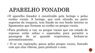 O aparelho fonador é constituído pela laringe e pelas
cordas vocais. A laringe, que está situada na parte
superior da traqueia, tem fixado no seu bordo interno os
ligamentos que formam as cordas ou pregas vocais.
Para produzir a voz, as pregas vocais que em estado de
repouso estão soltas e separadas para permitir a
passagem do ar quando respiramos, fecham-se
automaticamente.
 O ar em expiração, passa pelas pregas vocais, fazendo
com que elas vibrem, para produzir o som.
 