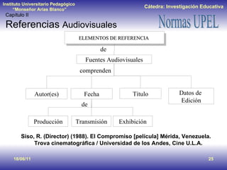 18/06/11 Siso, R. (Director) (1988). El Compromiso [película] Mérida, Venezuela. Trova cinematográfica / Universidad de los Andes, Cine U.L.A. Capítulo II Referencias  Audiovisuales ELEMENTOS DE REFERENCIA   Fuentes Audiovisuales de comprenden Autor(es) Fecha Datos de  Edición Título Producción Transmisión Exhibición de 