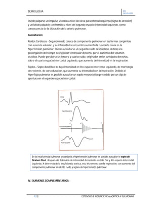SEMIOLOGIA VII
CICLO2011
12 ESTENOSIS E INSUFICIENCIA AORTICA Y PULMONAR
Puede palparse un impulso sistólico a nivel del área paraesternal izquierda (signo de Dressler)
y un latido palpable con frémito a nivel del segundo espacio intercostal izquierdo, como
consecuencia de la dilatación de la arteria pulmonar.
Auscultacion
Ruidos Cardiacos.- Segundo ruido carece de componente pulmonar en las formas congénitas
con ausencia valvular, y su intensidad se encuentra aumentada cuando la causa es la
hipertensión pulmonar. Puede auscultarse un segundo ruido desdoblado, debido a la
prolongación del tiempo de eyección ventricular derecho, por el aumento del volumen
sistólico. Puede percibirse un tercero y cuarto ruido, originados en las cavidades derechas,
sobre el cuarto espacio intercostal izquierdo, que aumenta de intensidad en la inspiración.
Soplos.- Soplo diastólico de baja intensidad en 4to espacio intercostal izquierdo, de morfología
decreciente, de corta duración, que aumenta su intensidad con la inspiración. Debido al
hiperflujo pulmonar es posible auscultar un soplo mesosistólico precedido por un clip de
apertura en el segundo espacio intercostal.
IV. EXAMENES COMPLEMENTARIOS:
En la insuficiencia pulmonar secundaria a hipertensión pulmonar es posible auscultar el soplo de
Graham Steel, después del 2do ruido de intensidad decreciente en 2do, 3er y 4to espacio intercostal
izquierdo. A diferencia de la insuficiencia aortica, esta incrementa con la inspiración, con aumento del
componente pulmonar en el 2do ruido y signos de hipertensión pulmonar.
 