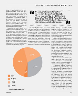 sch.gov.qa 27
bridge the gap highlighted in the Qatar
Healthcare Facilities Master Plan 2013-
2033andencouragehealthycompetition
for improved healthcare outcome. SCH
also informs about renovations being
completed for five healthcare facilities in
2014 and opening of two others, among
which was the Interim Translational
Research Institute, which comprises
research and consulting suites, DNA
extraction,cellculturallabsandgenomics,
proteomics and generic wet labs.
As per the information included in the
‘Workforce’ section of the 2014 report, the
SCH updated and expanded its National
Healthcare Workforce Plan (NHS 4.1)
where Qatarization continued to be the
focusofrecruitmentandretentionleading
towards an SCH Qatarization plan, which
is expected in 2015 (NHS 5.14). Qatari
physicians were sponsored by the Primary
Health Care Corporation for specialized
fellowship and the nursing leaders were
provided with a leadership program.
Also, according to the report, the Supreme
Council of Health launched the new National
HealthInsuranceScheme(NHS6.3),aheadof
schedule for stage 2 of the National Health
Insurance Scheme (Seha), which extended
membership to all nationals for a broad set of
services at both public and private providers.
Under Seha, the government funds the
cost of care for nationals and co-funds with
employers the cost of care for non-nationals.
Another feature of the SCH 2014 report
stated that a tender for a five-year preventive
health strategy, preventive health
evaluation system and review of the
current preventive health governance
structure was issued as the SCH is
strengthening its preventive health
governance to coordinate and evaluate
national activities (NHS 3.1).
Owingtothecurrentrealityofthe risein
obesityanddiabetesintheStateofQatar,
nutrition and physical activity have been
the focal points for achieving a decrease
in the prevalence of obesity, of which the
SCH seeks to reduce by 3% by 2016 and
prevent Non Communicable Diseases
(NCDs). As a result, it expanded the “We
Are Healthy Kids” awareness program,
reaching 10,280 students, a 47% annual
increase and conducted training for two
hundred fifty nurses in over one hundred
twenty schools (NHS 3.2).
The report further recorded that the
Primary Healthcare Corporation piloted
a new antenatal care model in six health
centers, including a new package of
care, disease screening and guidelines.
It developed bilingual education
materials,includingforbreastfeeding,and
completedthepostnatalserviceredesign
(NPHCS 37,41). It introduced 6 new
screening guidelines on developmental
delays,autismspectrumdisorder,anemia,
hip dislocation, vision and hearing
problems (NPHCS 42). It also provided
pharmaceutical safety training to staff at
allhealthcenters,includingonmedication
reconciliation and patient allergy checks.
Podiatry services and more staff
were added to the specialized
Multidisciplinary Diabetes Centre in
Hamad General Hospital, which provides
a comprehensive range of diabetes
An annual platform for safety
innovation, Qatar Patient Safety
Week, was held by the SCH where
it launched the WHO Patient Safety
Friendly Hospital Initiative to promote
international safety standards...
“ “
Qatar Outpatient Activity 2011
SUPREME COUNCIL OF HEALTH REPORT 2014
sch.gov.qa 27
39%
27%
33%
2%
áë°ü∏d≈∏YC’G¢ù
á«dhC’Gá«ë°üdGájÉYôdGá°
á«Ñ£dGóªMá°
i
SCH
PHCC
HMC
Other
39%
27%
33%
2%
 