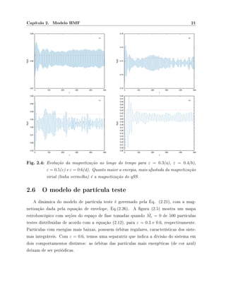Capítulo 2. Modelo HMF 21
Fig. 2.4: Evolução da magnetização ao longo do tempo para ε = 0.3(a), ε = 0.4(b),
ε = 0.5(c) e ε = 0.6(d). Quanto maior a energia, mais afastada da magnetização
virial (linha vermelha) é a magnetização do qSS.
2.6 O modelo de partícula teste
A dinâmica do modelo de partícula teste é governado pela Eq. (2.21), com a mag-
netização dada pela equação de envelope, Eq.(2.26). A gura (2.5) mostra um mapa
estroboscópico com seções do espaço de fase tomadas quando ˙Me = 0 de 500 partículas
testes distribuidas de acordo com a equação (2.12), para ε = 0.3 e 0.6, respectivamente.
Partículas com energias mais baixas, possuem órbitas regulares, características dos siste-
mas integráveis. Com ε = 0.6, temos uma separatriz que indica a divisão do sistema em
dois comportamentos distintos: as órbitas das partículas mais energéticas (de cor azul)
deixam de ser periódicas.
 