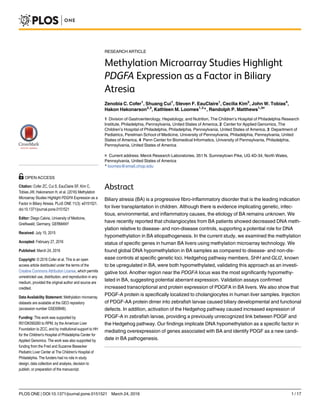 RESEARCH ARTICLE
Methylation Microarray Studies Highlight
PDGFA Expression as a Factor in Biliary
Atresia
Zenobia C. Cofer1
, Shuang Cui1
, Steven F. EauClaire1
, Cecilia Kim2
, John W. Tobias4
,
Hakon Hakonarson2,3
, Kathleen M. Loomes1,3
*, Randolph P. Matthews1,3¤
1 Division of Gastroenterology, Hepatology, and Nutrition, The Children’s Hospital of Philadelphia Research
Institute, Philadelphia, Pennsylvania, United States of America, 2 Center for Applied Genomics, The
Children’s Hospital of Philadelphia, Philadelphia, Pennsylvania, United States of America, 3 Department of
Pediatrics, Perelman School of Medicine, University of Pennsylvania, Philadelphia, Pennsylvania, United
States of America, 4 Penn Center for Biomedical Informatics, University of Pennsylvania, Philadelphia,
Pennsylvania, United States of America
¤ Current address: Merck Research Laboratories, 351 N. Sumneytown Pike, UG 4D-34, North Wales,
Pennsylvania, United States of America
* loomes@email.chop.edu
Abstract
Biliary atresia (BA) is a progressive fibro-inflammatory disorder that is the leading indication
for liver transplantation in children. Although there is evidence implicating genetic, infec-
tious, environmental, and inflammatory causes, the etiology of BA remains unknown. We
have recently reported that cholangiocytes from BA patients showed decreased DNA meth-
ylation relative to disease- and non-disease controls, supporting a potential role for DNA
hypomethylation in BA etiopathogenesis. In the current study, we examined the methylation
status of specific genes in human BA livers using methylation microarray technology. We
found global DNA hypomethylation in BA samples as compared to disease- and non-dis-
ease controls at specific genetic loci. Hedgehog pathway members, SHH and GLI2, known
to be upregulated in BA, were both hypomethylated, validating this approach as an investi-
gative tool. Another region near the PDGFA locus was the most significantly hypomethy-
lated in BA, suggesting potential aberrant expression. Validation assays confirmed
increased transcriptional and protein expression of PDGFA in BA livers. We also show that
PDGF-A protein is specifically localized to cholangiocytes in human liver samples. Injection
of PDGF-AA protein dimer into zebrafish larvae caused biliary developmental and functional
defects. In addition, activation of the Hedgehog pathway caused increased expression of
PDGF-A in zebrafish larvae, providing a previously unrecognized link between PDGF and
the Hedgehog pathway. Our findings implicate DNA hypomethylation as a specific factor in
mediating overexpression of genes associated with BA and identify PDGF as a new candi-
date in BA pathogenesis.
PLOS ONE | DOI:10.1371/journal.pone.0151521 March 24, 2016 1 / 17
a11111
OPEN ACCESS
Citation: Cofer ZC, Cui S, EauClaire SF, Kim C,
Tobias JW, Hakonarson H, et al. (2016) Methylation
Microarray Studies Highlight PDGFA Expression as a
Factor in Biliary Atresia. PLoS ONE 11(3): e0151521.
doi:10.1371/journal.pone.0151521
Editor: Diego Calvisi, University of Medicine,
Greifswald, Germany, GERMANY
Received: July 15, 2015
Accepted: February 27, 2016
Published: March 24, 2016
Copyright: © 2016 Cofer et al. This is an open
access article distributed under the terms of the
Creative Commons Attribution License, which permits
unrestricted use, distribution, and reproduction in any
medium, provided the original author and source are
credited.
Data Availability Statement: Methylation microarray
datasets are available at the GEO repository
(accession number GSE69948).
Funding: This work was supported by
R01DK090260 to RPM, by the American Liver
Foundation to ZCC, and by institutional support to HH
for the Children's Hospital of Philadelphia Center for
Applied Genomics. The work was also supported by
funding from the Fred and Suzanne Biesecker
Pediatric Liver Center at The Children's Hospital of
Philadelphia. The funders had no role in study
design, data collection and analysis, decision to
publish, or preparation of the manuscript.
 