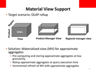 Material View Support
• Target scenario: OLAP rollup
• Solution: Materialized view (MV) for approximate
aggregates
• Pre-computing and storing approximate aggregates at low
granularity
• Rollup approximate aggregates at query execution time
• Incremental refresh of MV with approximate aggregates
Regional manager viewProduct Manager ViewTime
Product
Sales
12
 