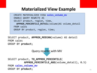 Materialized View Example
CREATE MATERIALIZED VIEW sales_volume_mv
ENABLE QUERY REWRITE AS
SELECT product, region, time,
APPROX_PERCENTILE_DETAIL(volume)AS volume_detail
FROM sales
GROUP BY product, region, time;
SELECT product, APPROX_MEDIAN(volume) AS detail
FROM sales
GROUP BY product;
SELECT product, TO_APPROX_PERCENTILE(
APPROX_PERCENTILE_AGG(volume_detail), 0.5)
FROM sales_volume_mv
GROUP BY product;
Query rewrite with MV
13
 