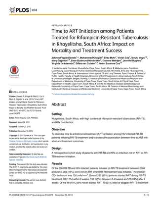 RESEARCH ARTICLE
Time to ART Initiation among Patients
Treated for Rifampicin-Resistant Tuberculosis
in Khayelitsha, South Africa: Impact on
Mortality and Treatment Success
Johnny Flippie Daniels1
*, Mohammed Khogali2
, Erika Mohr1
, Vivian Cox1
, Sizulu Moyo1,3
,
Mary Edginton4,5
, Sven Gudmund Hinderaker6
, Graeme Meintjes7
, Jennifer Hughes1
,
Virginia De Azevedo8
, Gilles van Cutsem1,9
, Helen Suzanne Cox10
1 Médecins sans Frontières, Khayelitsha, Cape Town, South Africa, 2 Médecins sans Frontières,
Luxembourg, Luxembourg, 3 Human Sciences Research Council, HIV/AIDS, STIs and TB programme,
Cape Town, South Africa, 4 International Union against TB and Lung Disease, Paris, France, 5 School of
Public Health, Faculty of Health Sciences, University of the Witwatersrand, Johannesburg, South Africa,
6 University of Bergen, Bergen, Norway, 7 Institute of Infectious Disease and Molecular Medicine and
Department of Medicine, University of Cape Town, Cape Town, South Africa, 8 City of Cape Town
Department of Health, Cape Town, South Africa, 9 Centre for Infectious Disease Epidemiology and
Research, University of Cape Town, Cape Town, South Africa, 10 Division of Medical Microbiology and
Institute of Infectious Disease and Molecular Medicine, University of Cape Town, Cape Town, South Africa
* msfocb-khayelitsha-tbdata@brussels.msf.org
Abstract
Setting
Khayelitsha, South Africa, with high burdens of rifampicin-resistant tuberculosis (RR-TB)
and HIV co-infection.
Objective
To describe time to antiretroviral treatment (ART) initiation among HIV-infected RR-TB
patients initiating RR-TB treatment and to assess the association between time to ART initi-
ation and treatment outcomes.
Design
A retrospective cohort study of patients with RR-TB and HIV co-infection not on ART at RR-
TB treatment initiation.
Results
Of the 696 RR-TB and HIV-infected patients initiated on RR-TB treatment between 2009
and 2013, 303 (44%) were not on ART when RR-TB treatment was initiated. The median
CD4 cell count was 126 cells/mm3
. Overall 257 (85%) patients started ART during RR-TB
treatment, 33 (11%) within 2 weeks, 152 (50%) between 2–8 weeks and 72 (24%) after 8
weeks. Of the 46 (15%) who never started ART, 10 (21%) died or stopped RR-TB treatment
PLOS ONE | DOI:10.1371/journal.pone.0142873 November 10, 2015 1 / 15
OPEN ACCESS
Citation: Daniels JF, Khogali M, Mohr E, Cox V,
Moyo S, Edginton M, et al. (2015) Time to ART
Initiation among Patients Treated for Rifampicin-
Resistant Tuberculosis in Khayelitsha, South Africa:
Impact on Mortality and Treatment Success. PLoS
ONE 10(11): e0142873. doi:10.1371/journal.
pone.0142873
Editor: Pierre Roques, CEA, FRANCE
Received: August 24, 2015
Accepted: October 27, 2015
Published: November 10, 2015
Copyright: © 2015 Daniels et al. This is an open
access article distributed under the terms of the
Creative Commons Attribution License, which permits
unrestricted use, distribution, and reproduction in any
medium, provided the original author and source are
credited.
Data Availability Statement: All data files are
available on Figshare (http://dx.doi.org/10.6084/m9.
figshare.1585000).
Funding: The research for this study was unfunded.
The SORT IT programme was funded by The Union,
MSF, the Department for International Development
(DFID) and WHO. HC is supported by the Wellcome
Trust.
Competing Interests: The authors have declared
that no competing interests exist.
 