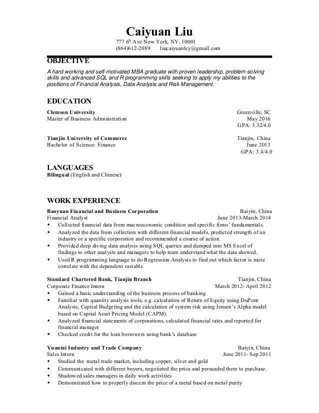 resume for finance analyst