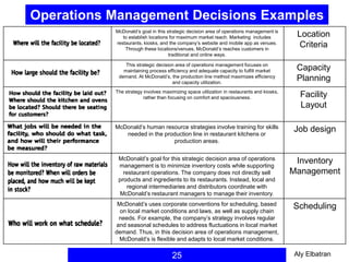Operations Management Decisions Examples
25
McDonald’s goal in this strategic decision area of operations management is
to establish locations for maximum market reach. Marketing includes
restaurants, kiosks, and the company’s website and mobile app as venues.
Through these locations/venues, McDonald’s reaches customers in
traditional and online ways.
Location
Criteria
This strategic decision area of operations management focuses on
maintaining process efficiency and adequate capacity to fulfill market
demand. At McDonald’s, the production line method maximizes efficiency
and capacity utilization.
Capacity
Planning
The strategy involves maximizing space utilization in restaurants and kiosks,
rather than focusing on comfort and spaciousness. Facility
Layout
McDonald’s human resource strategies involve training for skills
needed in the production line in restaurant kitchens or
production areas.
Job design
McDonald’s goal for this strategic decision area of operations
management is to minimize inventory costs while supporting
restaurant operations. The company does not directly sell
products and ingredients to its restaurants. Instead, local and
regional intermediaries and distributors coordinate with
McDonald’s restaurant managers to manage their inventory.
Inventory
Management
McDonald’s uses corporate conventions for scheduling, based
on local market conditions and laws, as well as supply chain
needs. For example, the company’s strategy involves regular
and seasonal schedules to address fluctuations in local market
demand. Thus, in this decision area of operations management,
McDonald’s is flexible and adapts to local market conditions.
Scheduling
Aly Elbatran
 