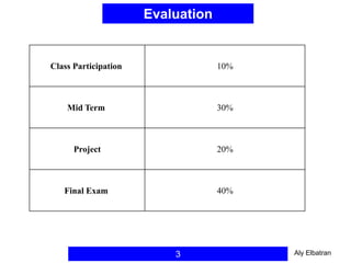 Evaluation
3
Class Participation 10%
Mid Term 30%
Project 20%
Final Exam 40%
Aly Elbatran
 