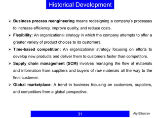 31
Historical Development
 Business process reengineering means redesigning a company’s processes
to increase efficiency, improve quality, and reduce costs.
 Flexibility: An organizational strategy in which the company attempts to offer a
greater variety of product choices to its customers.
 Time-based competition: An organizational strategy focusing on efforts to
develop new products and deliver them to customers faster than competitors.
 Supply chain management (SCM) involves managing the flow of materials
and information from suppliers and buyers of raw materials all the way to the
final customer.
 Global marketplace: A trend in business focusing on customers, suppliers,
and competitors from a global perspective.
Aly Elbatran
 