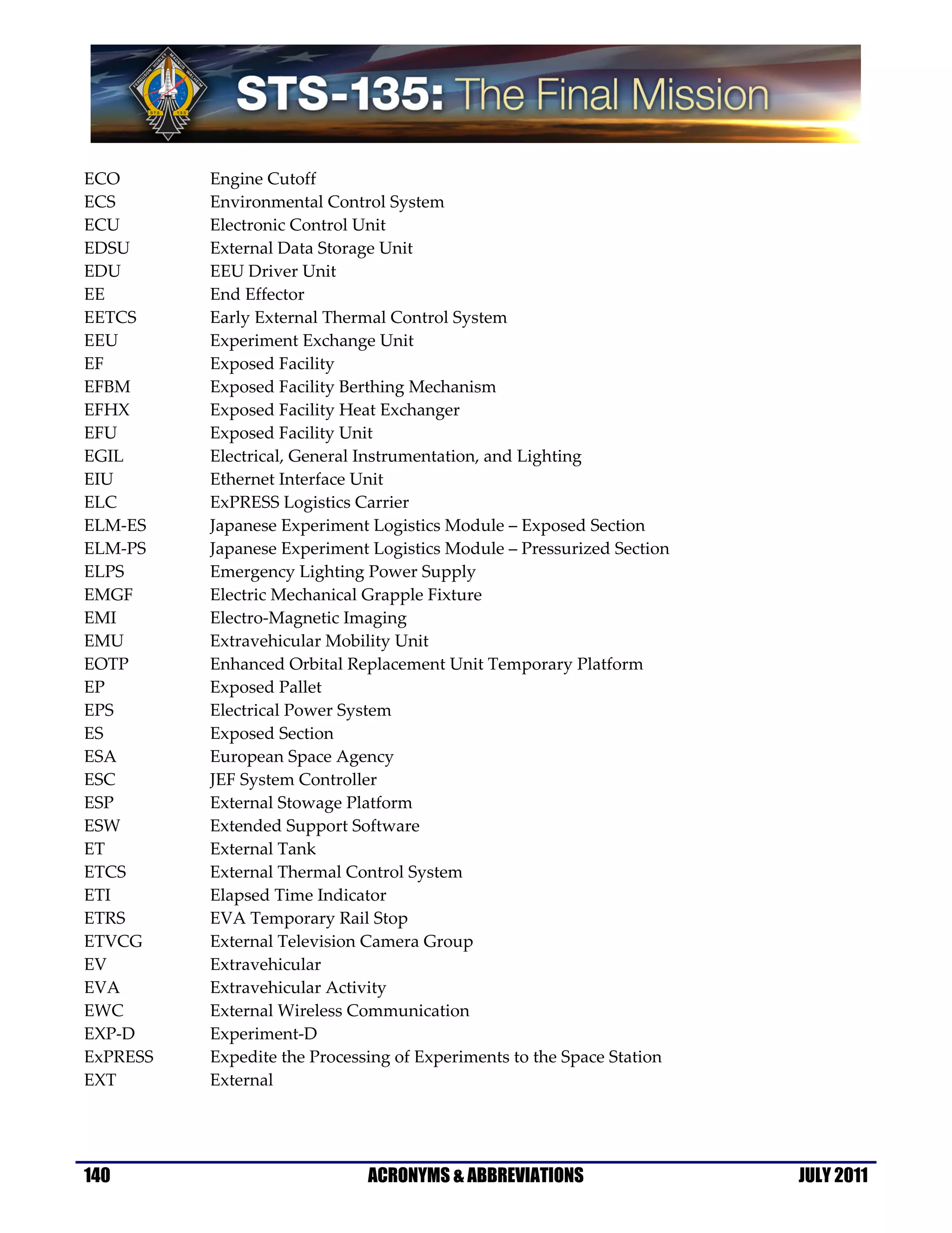 ECO       Engine Cutoff
ECS       Environmental Control System
ECU       Electronic Control Unit
EDSU      External Data Storage Unit
EDU       EEU Driver Unit
EE        End Effector
EETCS     Early External Thermal Control System
EEU       Experiment Exchange Unit
EF        Exposed Facility
EFBM      Exposed Facility Berthing Mechanism
EFHX      Exposed Facility Heat Exchanger
EFU       Exposed Facility Unit
EGIL      Electrical, General Instrumentation, and Lighting
EIU       Ethernet Interface Unit
ELC       ExPRESS Logistics Carrier
ELM-ES    Japanese Experiment Logistics Module – Exposed Section
ELM-PS    Japanese Experiment Logistics Module – Pressurized Section
ELPS      Emergency Lighting Power Supply
EMGF      Electric Mechanical Grapple Fixture
EMI       Electro-Magnetic Imaging
EMU       Extravehicular Mobility Unit
EOTP      Enhanced Orbital Replacement Unit Temporary Platform
EP        Exposed Pallet
EPS       Electrical Power System
ES        Exposed Section
ESA       European Space Agency
ESC       JEF System Controller
ESP       External Stowage Platform
ESW       Extended Support Software
ET        External Tank
ETCS      External Thermal Control System
ETI       Elapsed Time Indicator
ETRS      EVA Temporary Rail Stop
ETVCG     External Television Camera Group
EV        Extravehicular
EVA       Extravehicular Activity
EWC       External Wireless Communication
EXP-D     Experiment-D
ExPRESS   Expedite the Processing of Experiments to the Space Station
EXT       External




140                           ACRONYMS & ABBREVIATIONS                  JULY 2011
 