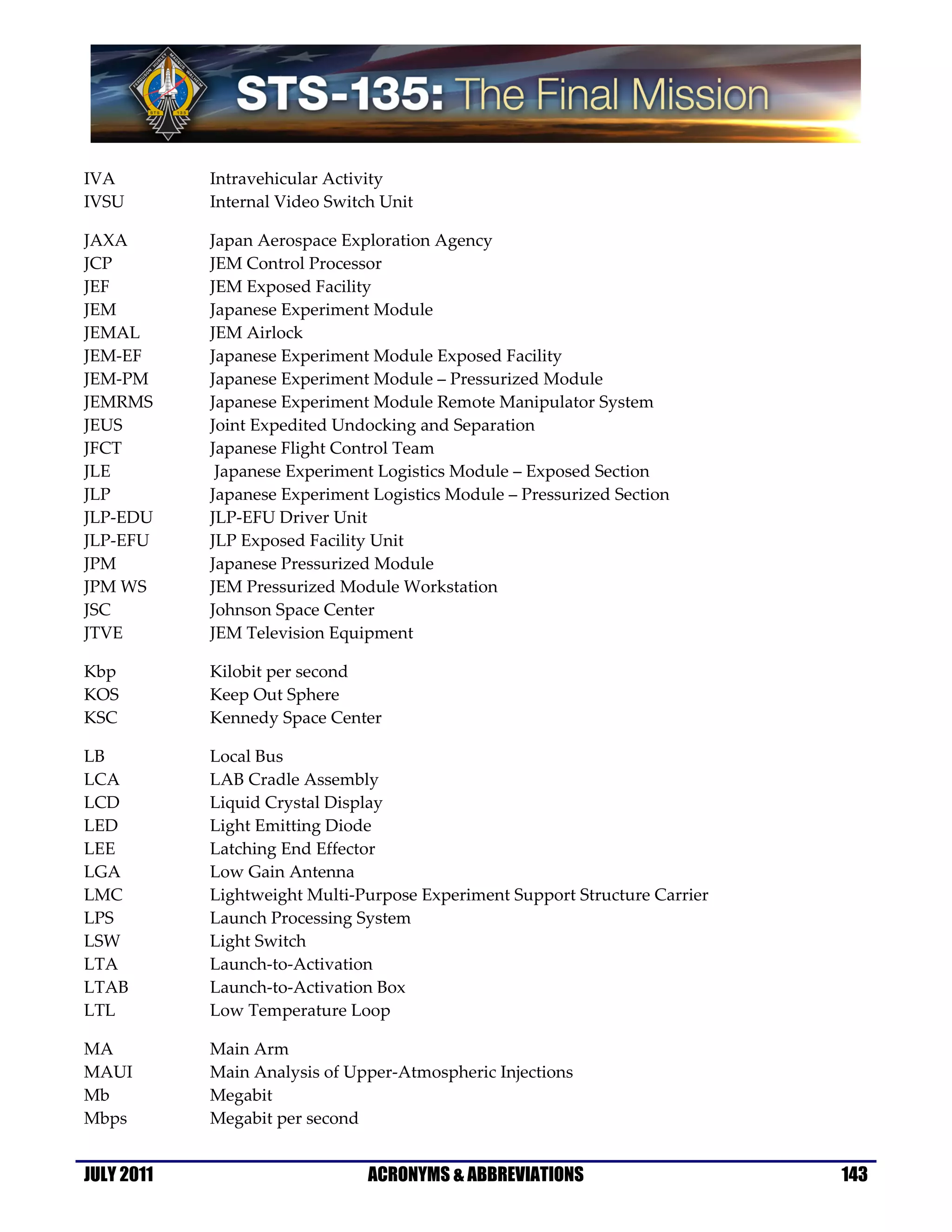 IVA         Intravehicular Activity
IVSU        Internal Video Switch Unit

JAXA        Japan Aerospace Exploration Agency
JCP         JEM Control Processor
JEF         JEM Exposed Facility
JEM         Japanese Experiment Module
JEMAL       JEM Airlock
JEM-EF      Japanese Experiment Module Exposed Facility
JEM-PM      Japanese Experiment Module – Pressurized Module
JEMRMS      Japanese Experiment Module Remote Manipulator System
JEUS        Joint Expedited Undocking and Separation
JFCT        Japanese Flight Control Team
JLE          Japanese Experiment Logistics Module – Exposed Section
JLP         Japanese Experiment Logistics Module – Pressurized Section
JLP-EDU     JLP-EFU Driver Unit
JLP-EFU     JLP Exposed Facility Unit
JPM         Japanese Pressurized Module
JPM WS      JEM Pressurized Module Workstation
JSC         Johnson Space Center
JTVE        JEM Television Equipment

Kbp         Kilobit per second
KOS         Keep Out Sphere
KSC         Kennedy Space Center

LB          Local Bus
LCA         LAB Cradle Assembly
LCD         Liquid Crystal Display
LED         Light Emitting Diode
LEE         Latching End Effector
LGA         Low Gain Antenna
LMC         Lightweight Multi-Purpose Experiment Support Structure Carrier
LPS         Launch Processing System
LSW         Light Switch
LTA         Launch-to-Activation
LTAB        Launch-to-Activation Box
LTL         Low Temperature Loop

MA          Main Arm
MAUI        Main Analysis of Upper-Atmospheric Injections
Mb          Megabit
Mbps        Megabit per second


JULY 2011                       ACRONYMS & ABBREVIATIONS                     143
 