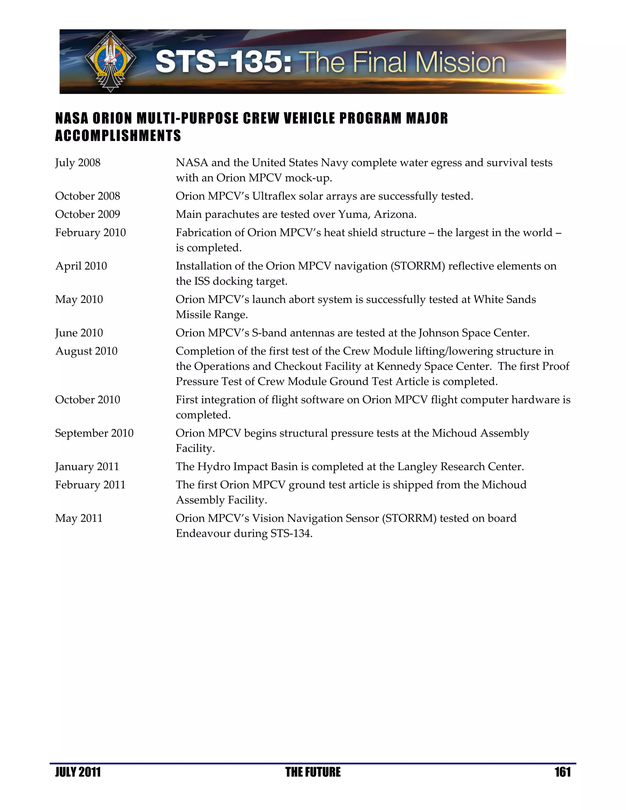 NASA ORION MULTI-PURPOSE CREW VEHICLE PROGRAM MAJOR
ACCOMPLISHMENTS
July 2008        NASA and the United States Navy complete water egress and survival tests
                 with an Orion MPCV mock-up.
October 2008     Orion MPCV’s Ultraflex solar arrays are successfully tested.
October 2009     Main parachutes are tested over Yuma, Arizona.
February 2010    Fabrication of Orion MPCV’s heat shield structure – the largest in the world –
                 is completed.
April 2010       Installation of the Orion MPCV navigation (STORRM) reflective elements on
                 the ISS docking target.
May 2010         Orion MPCV’s launch abort system is successfully tested at White Sands
                 Missile Range.
June 2010        Orion MPCV’s S-band antennas are tested at the Johnson Space Center.
August 2010      Completion of the first test of the Crew Module lifting/lowering structure in
                 the Operations and Checkout Facility at Kennedy Space Center. The first Proof
                 Pressure Test of Crew Module Ground Test Article is completed.
October 2010     First integration of flight software on Orion MPCV flight computer hardware is
                 completed.
September 2010   Orion MPCV begins structural pressure tests at the Michoud Assembly
                 Facility.
January 2011     The Hydro Impact Basin is completed at the Langley Research Center.
February 2011    The first Orion MPCV ground test article is shipped from the Michoud
                 Assembly Facility.
May 2011         Orion MPCV’s Vision Navigation Sensor (STORRM) tested on board
                 Endeavour during STS-134.




JULY 2011                              THE FUTURE                                            161
 