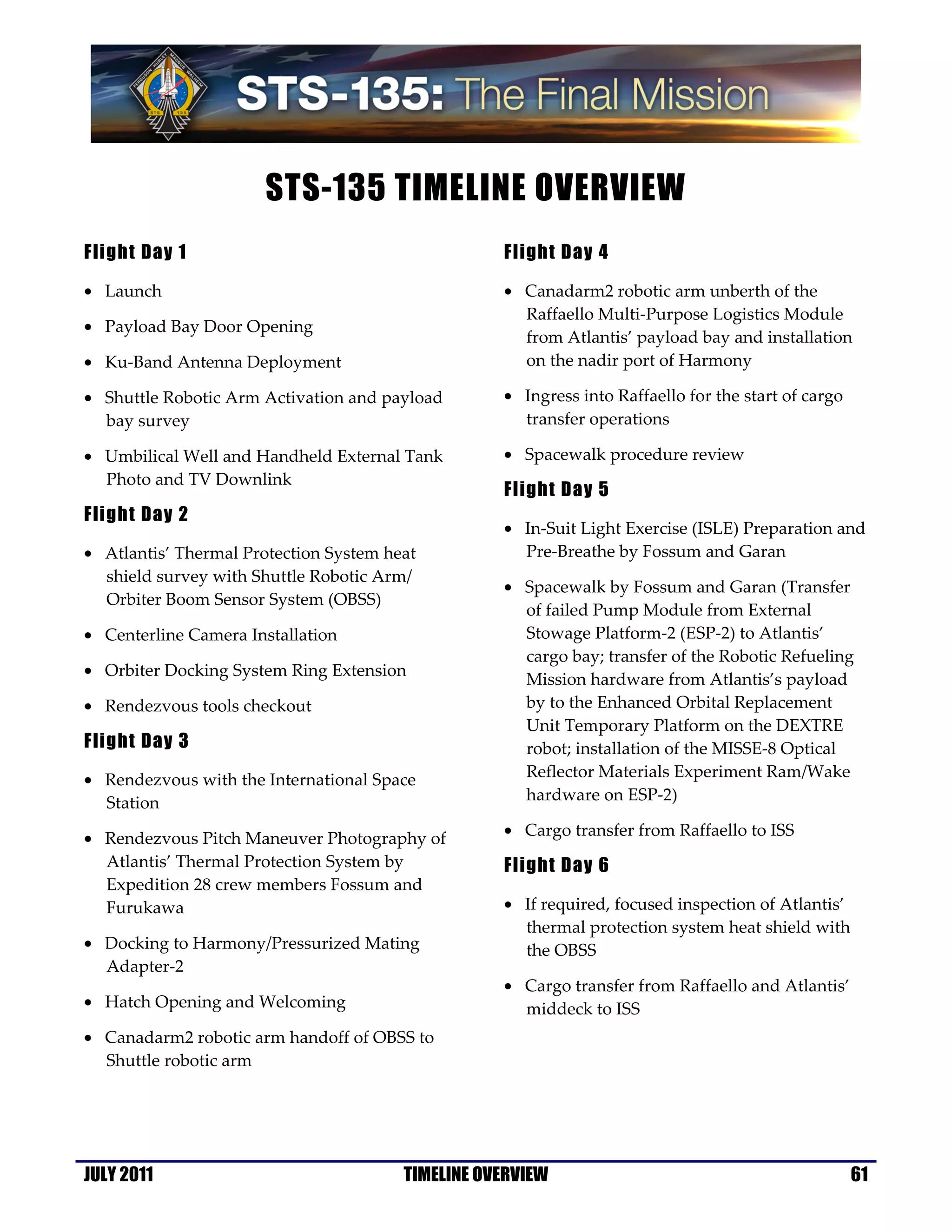 STS-135 TIMELINE OVERVIEW
Flight Day 1                                       Flight Day 4

• Launch                                           • Canadarm2 robotic arm unberth of the
                                                     Raffaello Multi-Purpose Logistics Module
• Payload Bay Door Opening
                                                     from Atlantis’ payload bay and installation
• Ku-Band Antenna Deployment                         on the nadir port of Harmony

• Shuttle Robotic Arm Activation and payload       • Ingress into Raffaello for the start of cargo
  bay survey                                         transfer operations

• Umbilical Well and Handheld External Tank        • Spacewalk procedure review
  Photo and TV Downlink
                                                   Flight Day 5
Flight Day 2
                                                   • In-Suit Light Exercise (ISLE) Preparation and
• Atlantis’ Thermal Protection System heat           Pre-Breathe by Fossum and Garan
  shield survey with Shuttle Robotic Arm/
                                                   • Spacewalk by Fossum and Garan (Transfer
  Orbiter Boom Sensor System (OBSS)
                                                     of failed Pump Module from External
• Centerline Camera Installation                     Stowage Platform-2 (ESP-2) to Atlantis’
                                                     cargo bay; transfer of the Robotic Refueling
• Orbiter Docking System Ring Extension
                                                     Mission hardware from Atlantis’s payload
• Rendezvous tools checkout                          by to the Enhanced Orbital Replacement
                                                     Unit Temporary Platform on the DEXTRE
Flight Day 3                                         robot; installation of the MISSE-8 Optical
• Rendezvous with the International Space            Reflector Materials Experiment Ram/Wake
  Station                                            hardware on ESP-2)

• Rendezvous Pitch Maneuver Photography of         • Cargo transfer from Raffaello to ISS
  Atlantis’ Thermal Protection System by           Flight Day 6
  Expedition 28 crew members Fossum and
  Furukawa                                         • If required, focused inspection of Atlantis’
                                                     thermal protection system heat shield with
• Docking to Harmony/Pressurized Mating              the OBSS
  Adapter-2
                                                   • Cargo transfer from Raffaello and Atlantis’
• Hatch Opening and Welcoming                        middeck to ISS
• Canadarm2 robotic arm handoff of OBSS to
  Shuttle robotic arm




JULY 2011                               TIMELINE OVERVIEW                                            61
 