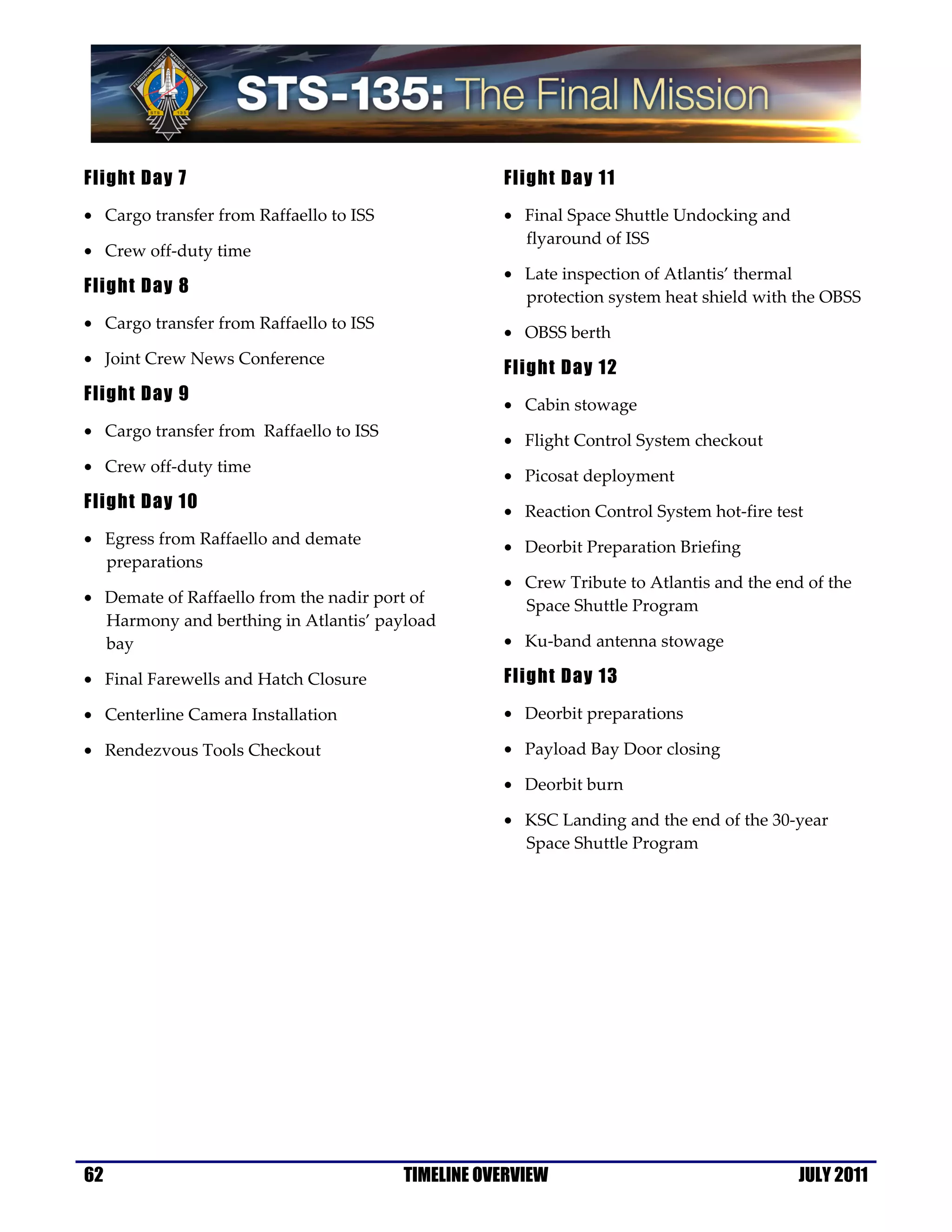 Flight Day 7                                        Flight Day 11
• Cargo transfer from Raffaello to ISS              • Final Space Shuttle Undocking and
                                                      flyaround of ISS
• Crew off-duty time
                                                    • Late inspection of Atlantis’ thermal
Flight Day 8
                                                      protection system heat shield with the OBSS
• Cargo transfer from Raffaello to ISS
                                                    • OBSS berth
• Joint Crew News Conference
                                                    Flight Day 12
Flight Day 9
                                                    • Cabin stowage
• Cargo transfer from Raffaello to ISS
                                                    • Flight Control System checkout
• Crew off-duty time
                                                    • Picosat deployment
Flight Day 10                                       • Reaction Control System hot-fire test
• Egress from Raffaello and demate                  • Deorbit Preparation Briefing
  preparations
                                                    • Crew Tribute to Atlantis and the end of the
• Demate of Raffaello from the nadir port of          Space Shuttle Program
  Harmony and berthing in Atlantis’ payload
  bay                                               • Ku-band antenna stowage

• Final Farewells and Hatch Closure                 Flight Day 13
• Centerline Camera Installation                    • Deorbit preparations

• Rendezvous Tools Checkout                         • Payload Bay Door closing

                                                    • Deorbit burn

                                                    • KSC Landing and the end of the 30-year
                                                      Space Shuttle Program




62                                       TIMELINE OVERVIEW                                JULY 2011
 
