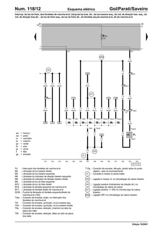 ws = branco
sw = preto
ro = vermelho
br = marrom
gn = verde
bl = azul
gr = cinza
li = lilás
ge = amarelo
97-71174
141 142 143 144 145 146 147 150 151 152 153 154
148 149
Num. 118/12 Gol/Parati/Saveiro
Esquema elétrico
Edição 10/2001
F4 - Interruptor dos faroletes de marcha-à-ré
M2 - Lâmpada da luz traseira direita
M4 - Lâmpada da luz traseira esquerda
M6 - Lâmpada do indicador de direção traseiro esquerdo
M8 - Lâmpada do indicador de direção traseiro direito
M9 - Lâmpada da luz do freio esquerdo
M10 - Lâmpada da luz do freio direito
M16 - Lâmpada do farolete esquerdo da marcha-à-ré
M17 - Lâmpada do farolete direito de marcha-à-ré
S228 - Fusível da lâmpada do farolete esquerdo/direito de
marcha-à-ré (10A)
T2ax - Conector de encaixe, duplo, no interruptor dos
faroletes de marcha-à-ré
T5l - Conector de encaixe, quíntuplo, na luz traseira esq.
T5m - Conector de encaixe, quíntuplo, na luz traseira direita
T6e - Conector de encaixe, sêxtuplo, (marrom) ao lado da
placa dos relés
T6k - Conector de encaixe, sêxtuplo, (lilás) ao lado da placa
dos relés
T10g - Conector de encaixe, décuplo, (preto) atrás do porta-
objetos - lado do acompanhante
- Conexão à massa no porta-malas
- Ligação à massa -5- no chicote/jogo de cabos traseiro
- Ligação positiva (indicadores de direção dir.) no
chicote/jogo de cabos do painel
- Ligação positiva -1- (54) no chicote/ jogo de cabos
traseiro
- Ligação (RF) no chicote/jogo de cabos traseiro
Interrup. da luz do freio, dos faroletes de marcha-à-ré, Lâmp.da luz tras. dir., da luz traseira esq., do ind. de direção tras. esq., do
ind. de direção tras.dir., da luz do freio esq., da luz do freio dir., do farolete esq.da marcha-à-ré, dir.de marcha-à-ré
F4
T5m/4
T5m/1
D/7 B/7
30
15
X
l
30
X
c c
131
W66
234
A5
T6e/1
W1
141
T6k/3
139
T5l/4
M4
T5l/1
M6
T5l/5
T5l/2 T5m/2
M16 M9 M10
T5l/3 T5m/3
150 82
78
122
51
333
T5m/5
M17
T2ax/1
T2ax/2
M8 M2
T10g/9
S228
10A
n
1,0
sw/bl
1,0
sw
1,0
sw/gn
1,0
sw/gn
1,0
sw/gn
0,5
gr/gn
1,0
sw/ro
1,0
sw
1,0
sw/bl
0,5
gr/ws
1,0
sw/gn
1,0
sw
1,0
sw
1,0
sw/ws
1,0
sw/gn
1,0
br
1,0
br
1,0
sw
1,0
sw/bl
0,5
br
4,0
br
51
333
A5
W1
T10g/
10
T6k/2
W66
1,0
sw/ro
1,0
sw/ro
 