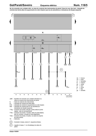 ws = branco
sw = preto
ro = vermelho
br = marrom
gn = verde
bl = azul
gr = cinza
li = lilás
ge = amarelo
97-71479
J285 - Aparelho de comando com unidade indicadora na
caixa do conjunto dos instrumentos do painel
K - Caixa do conjunto dos instrumentos
K1 - Lâmpada de controle dos faróis altos
K10 - Lâmpada de controle do aquecimento do vidro traseiro
K65 - Lâmpada de controle para luz de advertência e
indicadores de direção esquerda
T10g - Conector de encaixe, décuplo, (preto) atrás do porta-
objetos - lado do acompanhante
T16a - Conector de encaixe, 16 pólos, atrás do porta-objetos,
lado do condutor, conexão do auto-diagnóstico
T32a - Conector de encaixe, 32 pólos, na caixa do conjunto
de instrumentos
Y4 - Odômetro
- Conexão à massa, coluna A - esquerda embaixo
- Ligação à massa -1- no chicote/jogo de cabos do
painel
43 44 45 46 47 48 49 54 55 56
50 51 52 53
J285
Gol/Parati/Saveiro Num. 118/5
Esquema elétrico
Edição 10/2001
44
81
K
Ap. de comando com unidade indic. na caixa do conjunto dos instrumentos do painel, Caixa do conj. dos instr., Lâmpada de
controle dos faróis altos/ do aquecimento do vidro traseiro/ para luz de advertência e indicadores de direção esquerda
K10
K1
Y4
T10g/6
0,35
ge/br
1,0
ge/br 128
0,35
ws/bl
0,35
sw/ws
124
0,35
br
0,35
br
44
4,0
br
T16a/4
31a
0,5
br
81
125
1,0
br
0,35
bl/ws
30
15
X
31
c
30
15
X
31
c
220
26
T32a/28 T32a/25 T32a/30 T32a/9 T32a/24
177
0,35
ro
K65
T32a/31 T32a/
23
T32a/
14
204
0,35
sw/bl
 