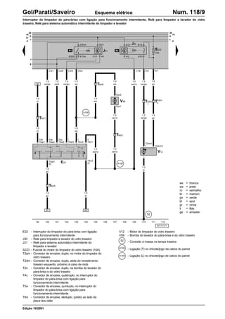 ws = branco
sw = preto
ro = vermelho
br = marrom
gn = verde
bl = azul
gr = cinza
li = lilás
ge = amarelo
E
97-71171
99 100 101 102 103 104 105 106 107 108 109 110 111 112
Gol/Parati/Saveiro Num. 118/9
Esquema elétrico
Edição 10/2001
Interruptor do limpador do pára-brisa com ligação para funcionamento intermitente, Relé para limpador e lavador do vidro
traseiro, Relé para sistema automático intermitente do limpador e lavador
30
15
X
31
c
30
15
X
c
d
d
96
97 187
C3/1 C3/6 C4/8 C4/2 C1/6 D/1
M
T2s/2
T2s/1
1,0
br
V12
D/2
T2am/2
1,0
ro
1,0
sw
T6d/1
1,0
sw/ro
1,0
sw/ro
V59
E22
S223
10A
2/53m 6/31
4/t
1/i
8/15a
5/53S
J31
6/31
4/L
8/15
T6d/6
T2dm/
1
T2dm/
2
T2am/
1
T5a/1
53b
T5a/4
53e
T5a/2
53a
T5a/5
i
T4c/2
t
T4c/1
h
53
T5a/3
31
T4c/3
T6d/5
T6d/2
J30
2/53
R2
R1
A159
A158
52
M
1,0
gn
1,0
gn
1,5
br
f
g
E22 - Interruptor do limpador do pára-brisa com ligação
para funcionamento intermitente
J30 - Relé para limpador e lavador do vidro traseiro
J31 - Relé para sistema automático intermitente do
limpador e lavador
S223 - Fusível do motor do limpador do vidro traseiro (10A)
T2am - Conector de encaixe, duplo, no motor do limpador do
vidro traseiro
T2dm - Conector de encaixe, duplo, atrás do revestimento
traseiro esquerdo, próximo à caixa de roda
T2s - Conector de encaixe, duplo, na bomba do lavador do
pára-brisa e do vidro traseiro
T4c - Conector de encaixe, quádruplo, no interruptor do
limpador do pára-brisa com ligação para
funcionamento intermitente
T5a - Conector de encaixe, quíntuplo, no interruptor do
limpador do pára-brisa com ligação para
funcionamento intermitente
T6d - Conector de encaixe, sêxtuplo, (preto) ao lado da
placa dos relés
V12 - Motor do limpador do vidro traseiro
V59 - Bomba do lavador do pára-brisa e do vidro traseiro
- Conexão à massa na tampa traseira
- Ligação (T) no chicote/jogo de cabos do painel
- Ligação (L) no chicote/jogo de cabos do painel
52
A158
A159
1,5
sw/ge
1,5
gn
1,5
sw/ge
1,5
gn
1,0
sw/ge
1,0
sw/li
1,0
sw/gn
1,0
sw
1,0
sw
1,0
sw/ro
1,0
ro
1,0
sw
1,0
sw/ro
 