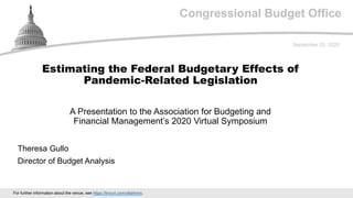 Congressional Budget Office
A Presentation to the Association for Budgeting and
Financial Management’s 2020 Virtual Symposium
September 25, 2020
Theresa Gullo
Director of Budget Analysis
Estimating the Federal Budgetary Effects of
Pandemic-Related Legislation
For further information about the venue, see https://tinyurl.com/y6sl4mrs.
 