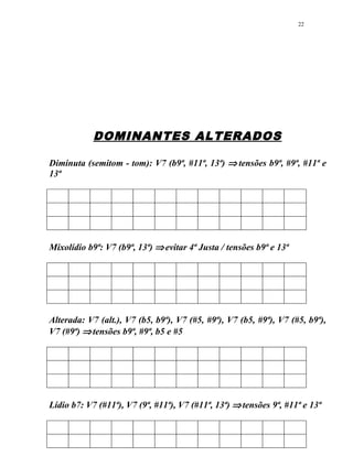 DOMINANTES ALTERADOS
Diminuta (semitom - tom): V7 (b9ª, #11ª, 13ª) ⇒ tensões b9ª, #9ª, #11ª e
13ª
Mixolídio b9ª: V7 (b9ª, 13ª) ⇒evitar 4ª Justa / tensões b9ª e 13ª
Alterada: V7 (alt.), V7 (b5, b9ª), V7 (#5, #9ª), V7 (b5, #9ª), V7 (#5, b9ª),
V7 (#9ª) ⇒tensões b9ª, #9ª, b5 e #5
Lídio b7: V7 (#11ª), V7 (9ª, #11ª), V7 (#11ª, 13ª) ⇒tensões 9ª, #11ª e 13ª
22
 