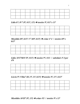 Lídio b7: IV7 (9ª, #11ª, 13ª) § tensões 9ª, #11ª e 13ª
Mixolídio b9ª, b13ª: V7 (b9ª, b13ª) § evitar 4ª J / tensões b9ª e
b13ª
Lídio: bVI7M/6ª (9ª, #11ª) § tensões 9ª e #11 / substituir 4ª J por
4ª#
Lócrio 9ª: VIIm7 (b5, 9ª, 11ª, b13ª) § tensões 9ª, 11ª e b13ª
Mixolídio: bVII7 (9ª, 13ª) § evitar 4ªJ / tensões 9ª e 13ª
5
 