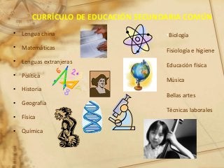 CURRÍCULO DE EDUCACIÓN SECUNDARIA COMÚN
• Lengua china
• Matemáticas
• Lenguas extranjeras
• Política
• Historia
• Geografía
• Física
• Química
•Biología
Fisiología e higiene
Educación física
Música
Bellas artes
Técnicas laborales
 